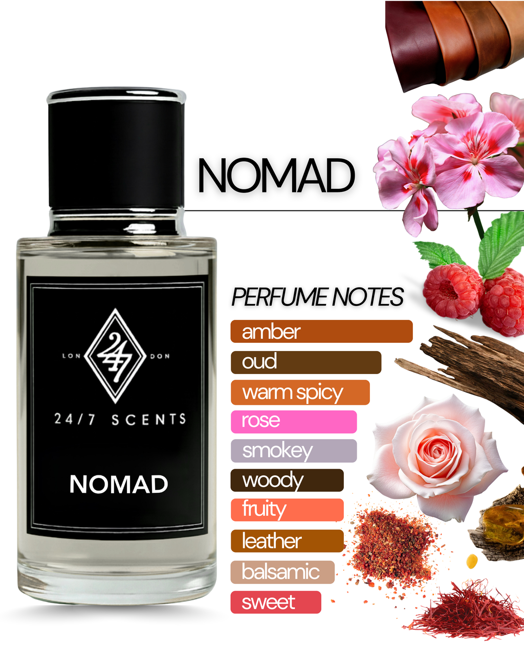 Nomad Eau de Parfum (50ml). A bold oud fragrance with raspberry, rose, incense, and leather. Long-lasting, luxurious, and sophisticated.