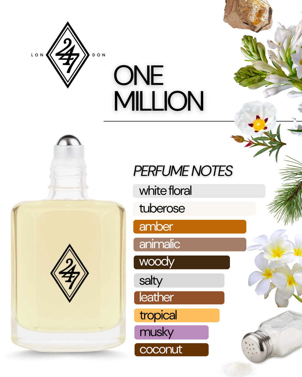 One Million Perfume Oil – long-lasting concentrated fragrance with salt, tuberose, ambergris, leather & pine. Luxurious, bold, and alcohol-free.