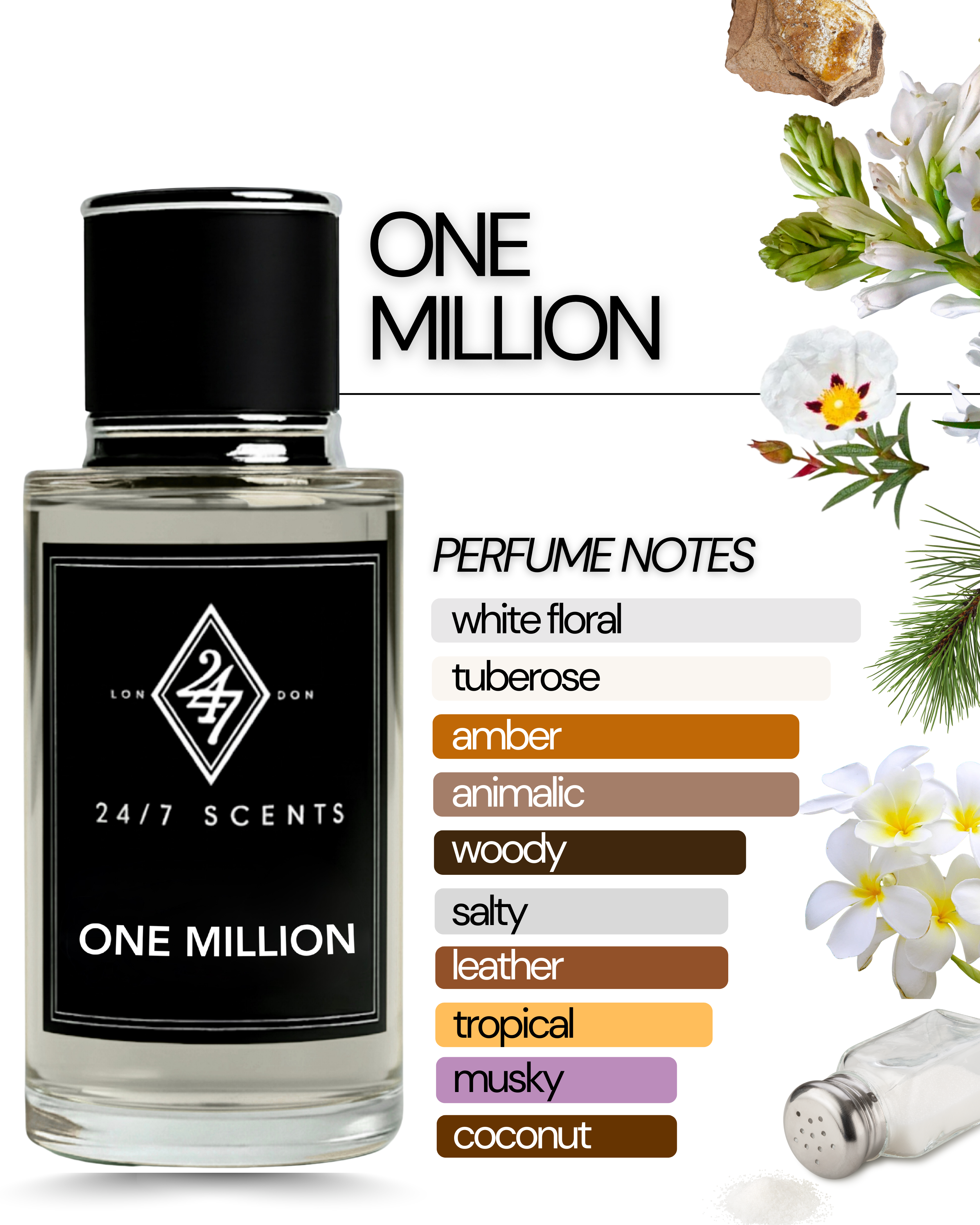 One Million – A bold 50ml perfume spray with salt, tuberose, ambergris, leather & pine. Long-lasting, powerful, and unforgettable.