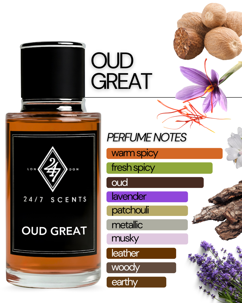 Oud Great Eau de Parfum (50ml). A rich oud fragrance with saffron, lavender, musk & patchouli. Bold, elegant & long-lasting.