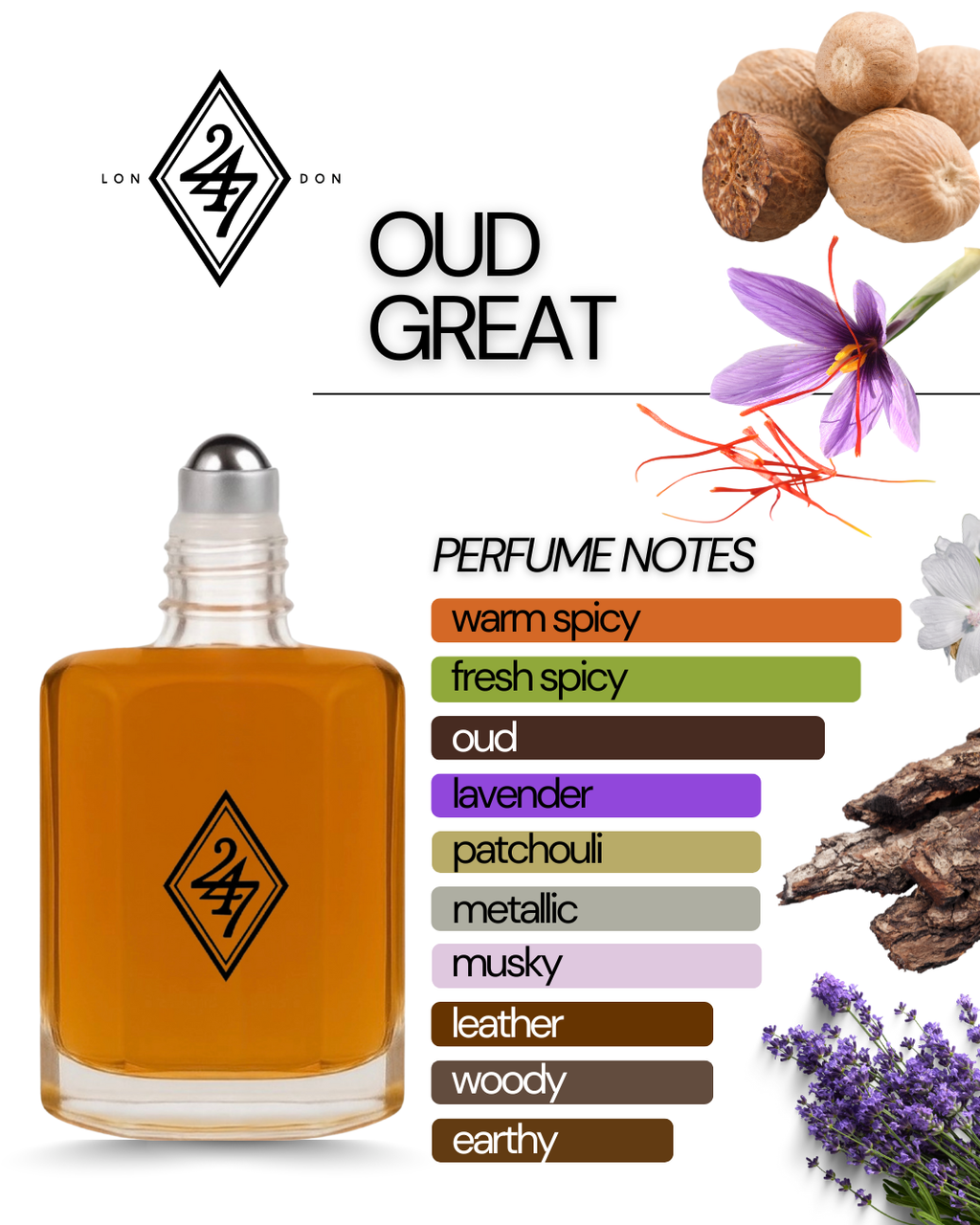 Oud Great Fragrance Oil – Available in 3ml, 6ml, 12ml & 24ml. A rich oud blend with saffron, musk & patchouli. Elegant, bold & long-lasting.