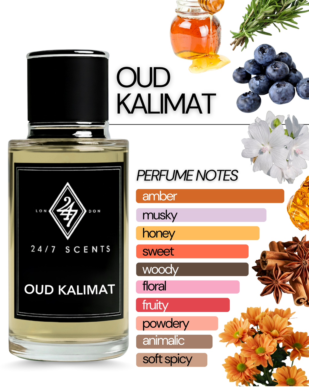 Oud Kalimat Eau de Parfum (50ml). A luxurious blend of blueberry, amber & musk. Sweet, woody & long-lasting unisex fragrance.