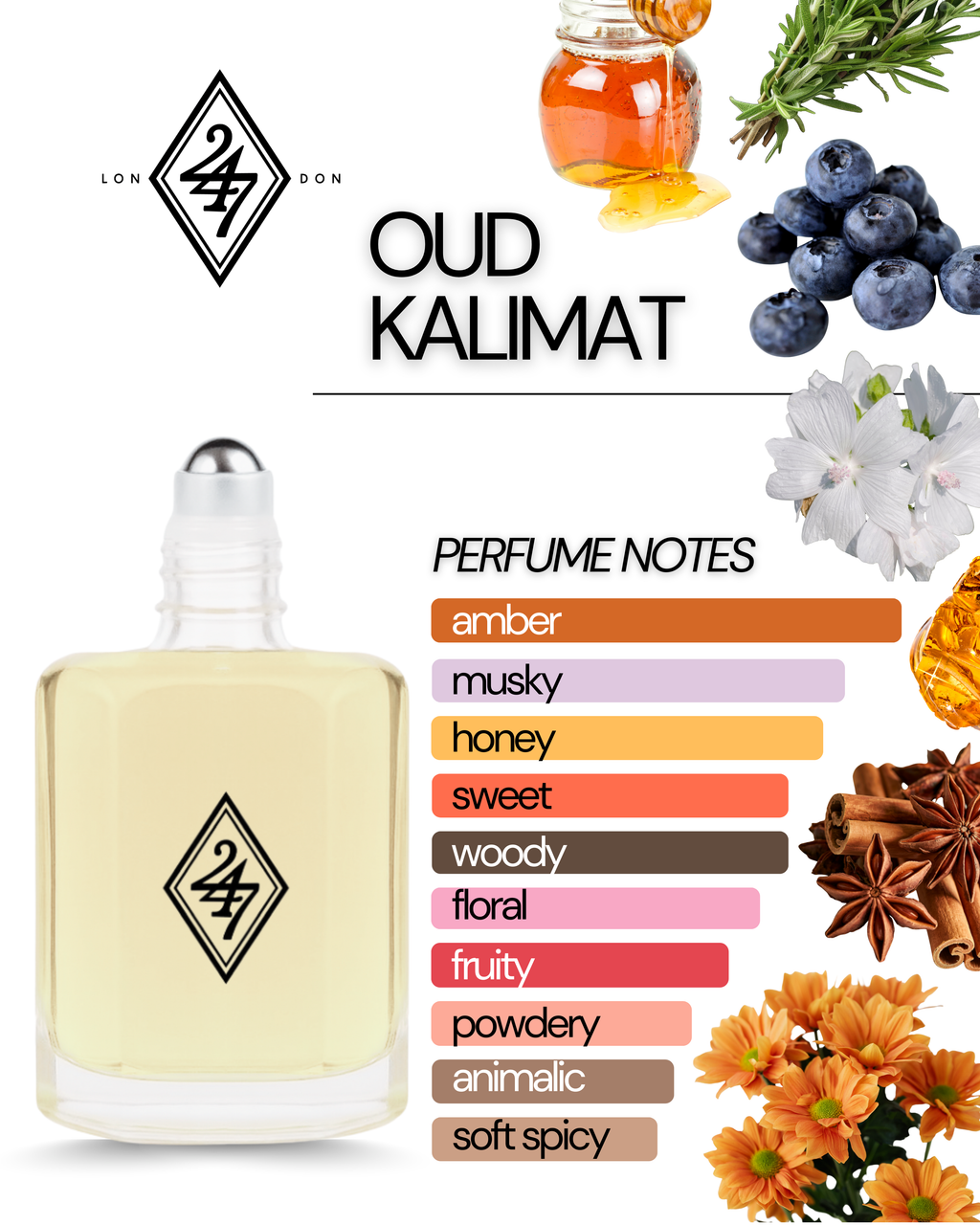 Oud Kalimat Fragrance Oil – Available in 3ml, 6ml, 12ml & 24ml. A sweet, woody blend of blueberry, amber & musk. Luxurious, elegant & long-lasting.