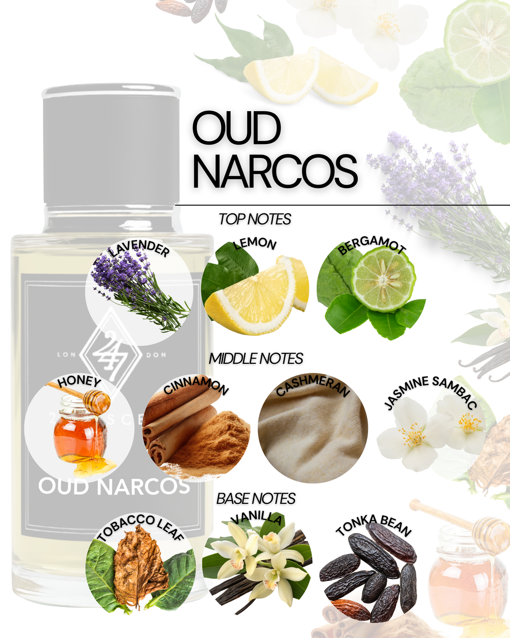 Oud Narcos Eau de Parfum (50ml). A bold blend of lemon, honey, tobacco & vanilla. Warm, spicy & long-lasting unisex fragrance.