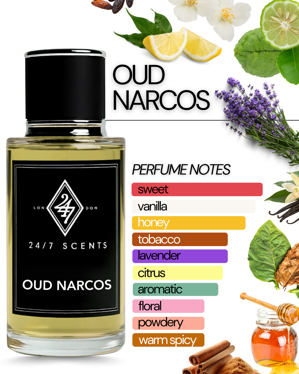 Oud Narcos Eau de Parfum (50ml). A bold blend of lemon, honey, tobacco & vanilla. Warm, spicy & long-lasting unisex fragrance.