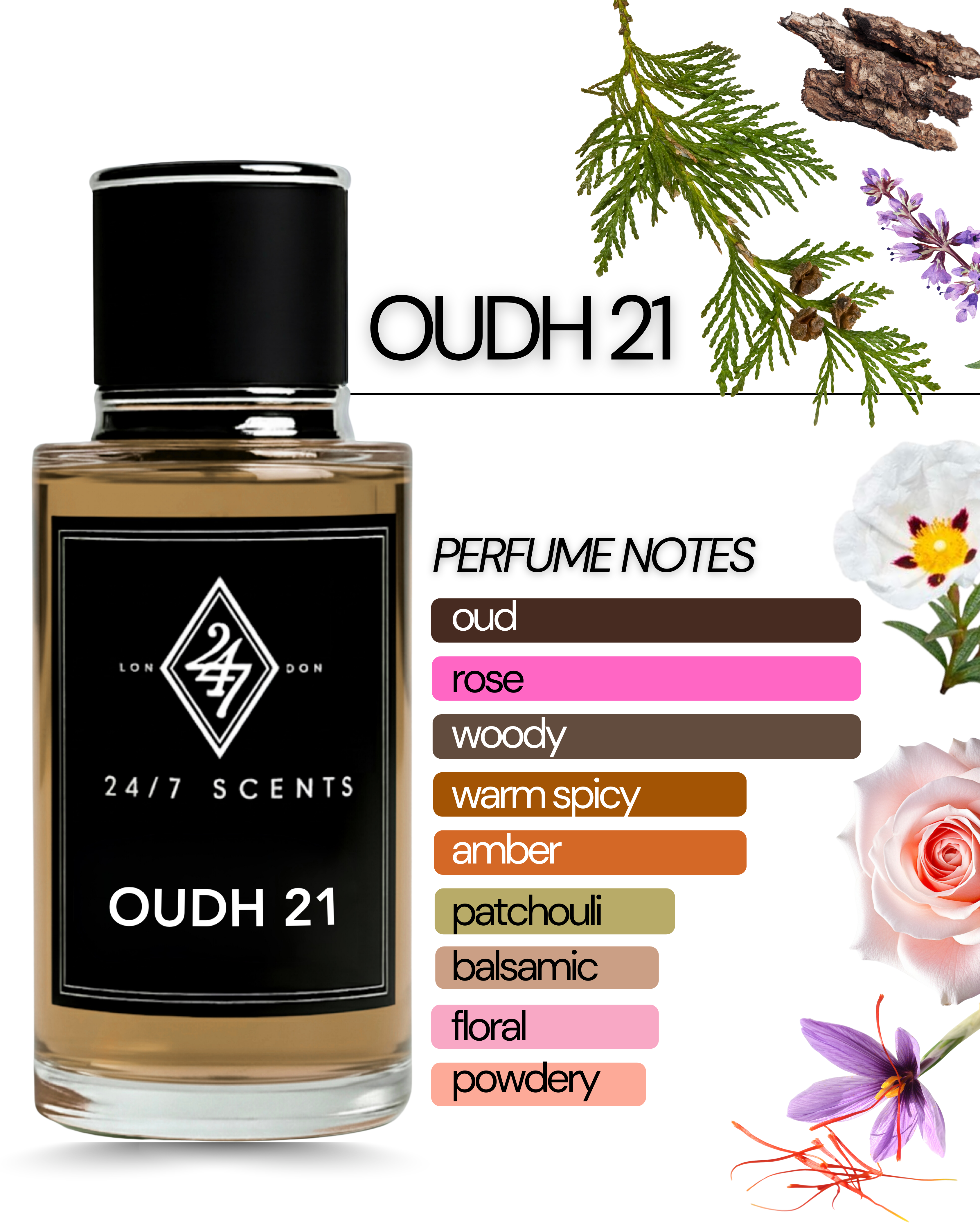 Oudh 21 Eau de Parfum (50ml). A refined oud fragrance with rose, patchouli & sandalwood. Sophisticated, warm & long-lasting.