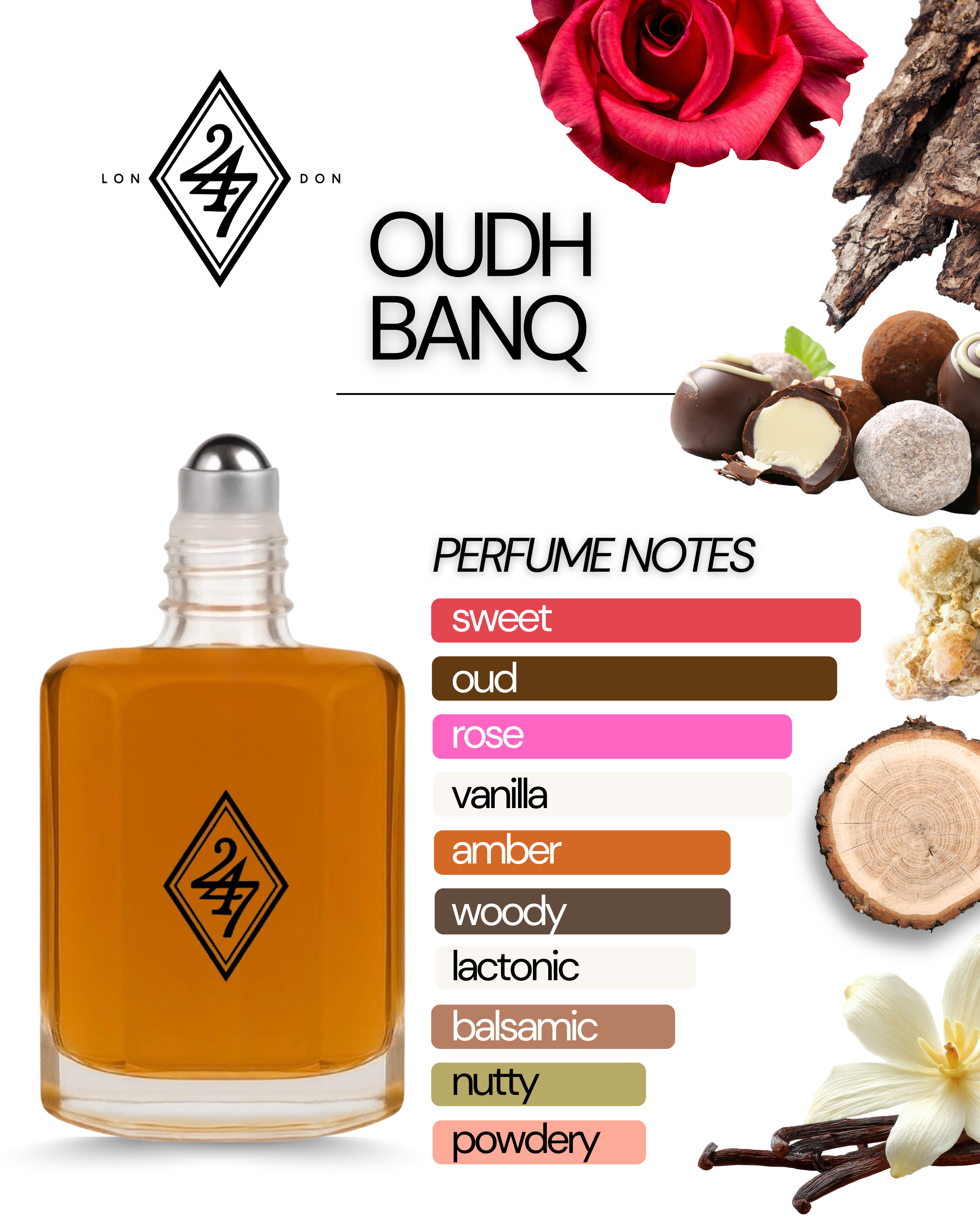 Oudh Banq Fragrance Oil – Available in 3ml, 6ml, 12ml & 24ml. A rich oud-rose oil with vanilla, praline & guaiac wood. Luxurious, elegant & long-lasting.