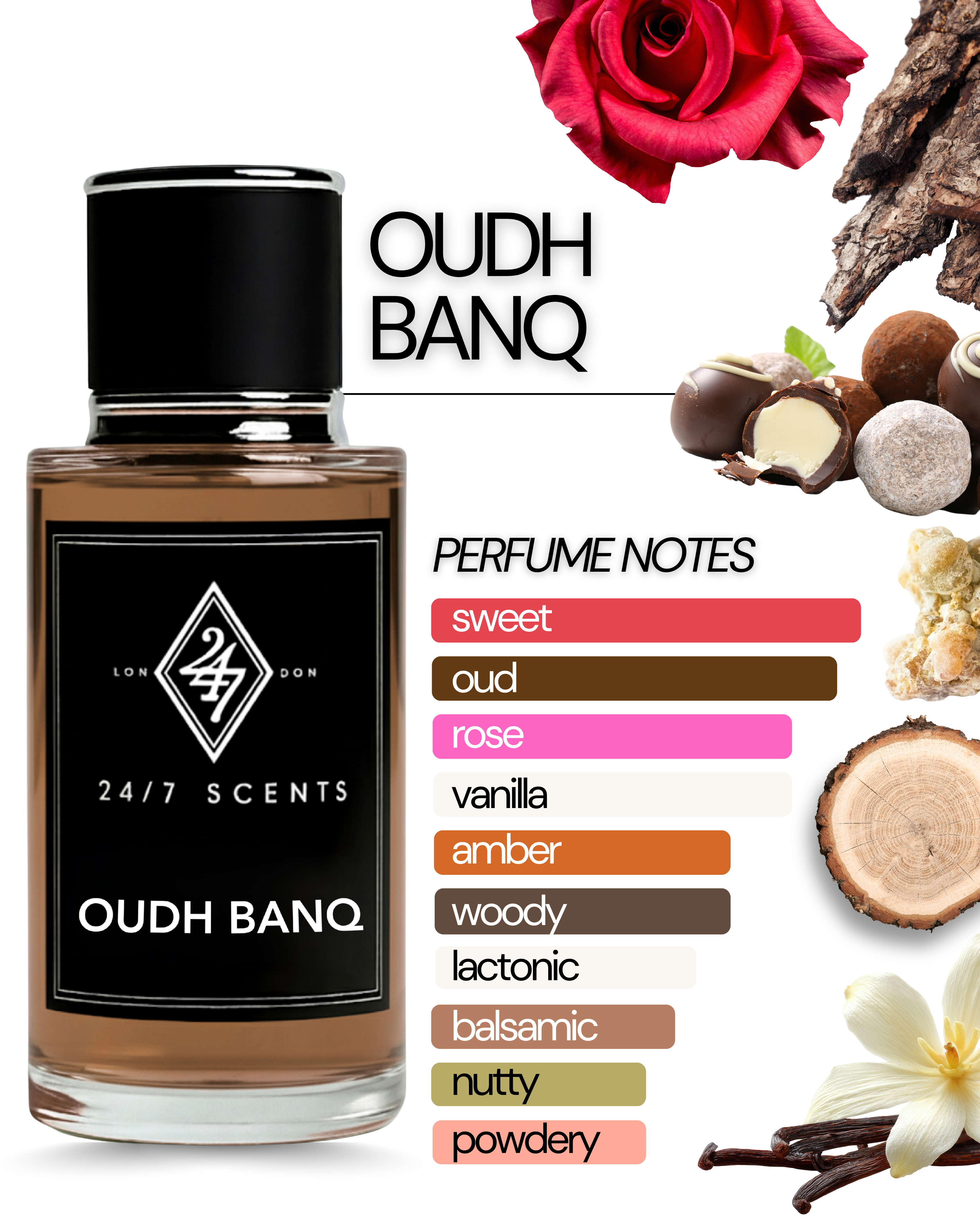Oudh Banq Eau de Parfum (50ml). A luxurious oud-rose blend with vanilla, praline & guaiac wood. Elegant, warm & long-lasting.