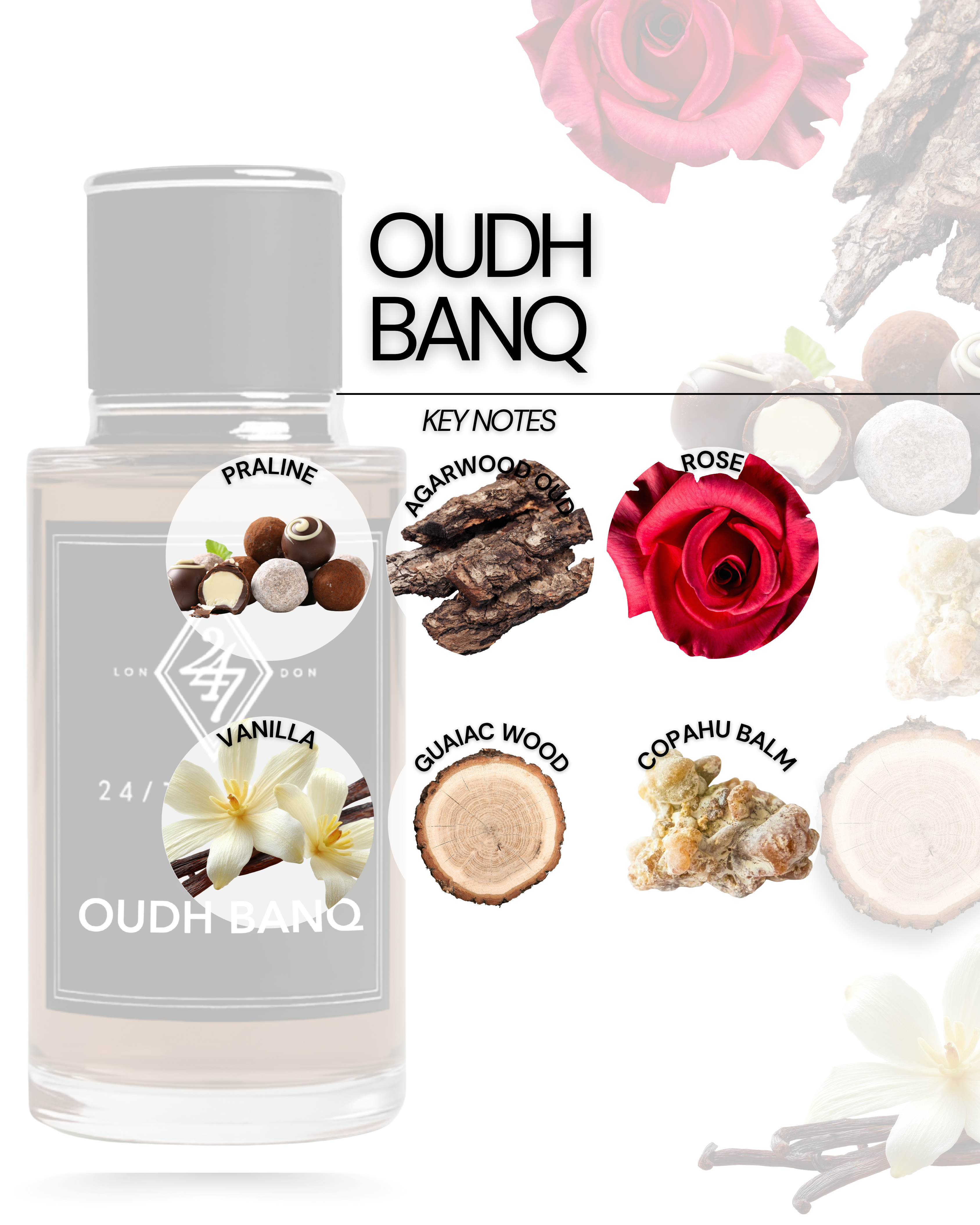 Oudh Banq Eau de Parfum (50ml). A luxurious oud-rose blend with vanilla, praline & guaiac wood. Elegant, warm & long-lasting.