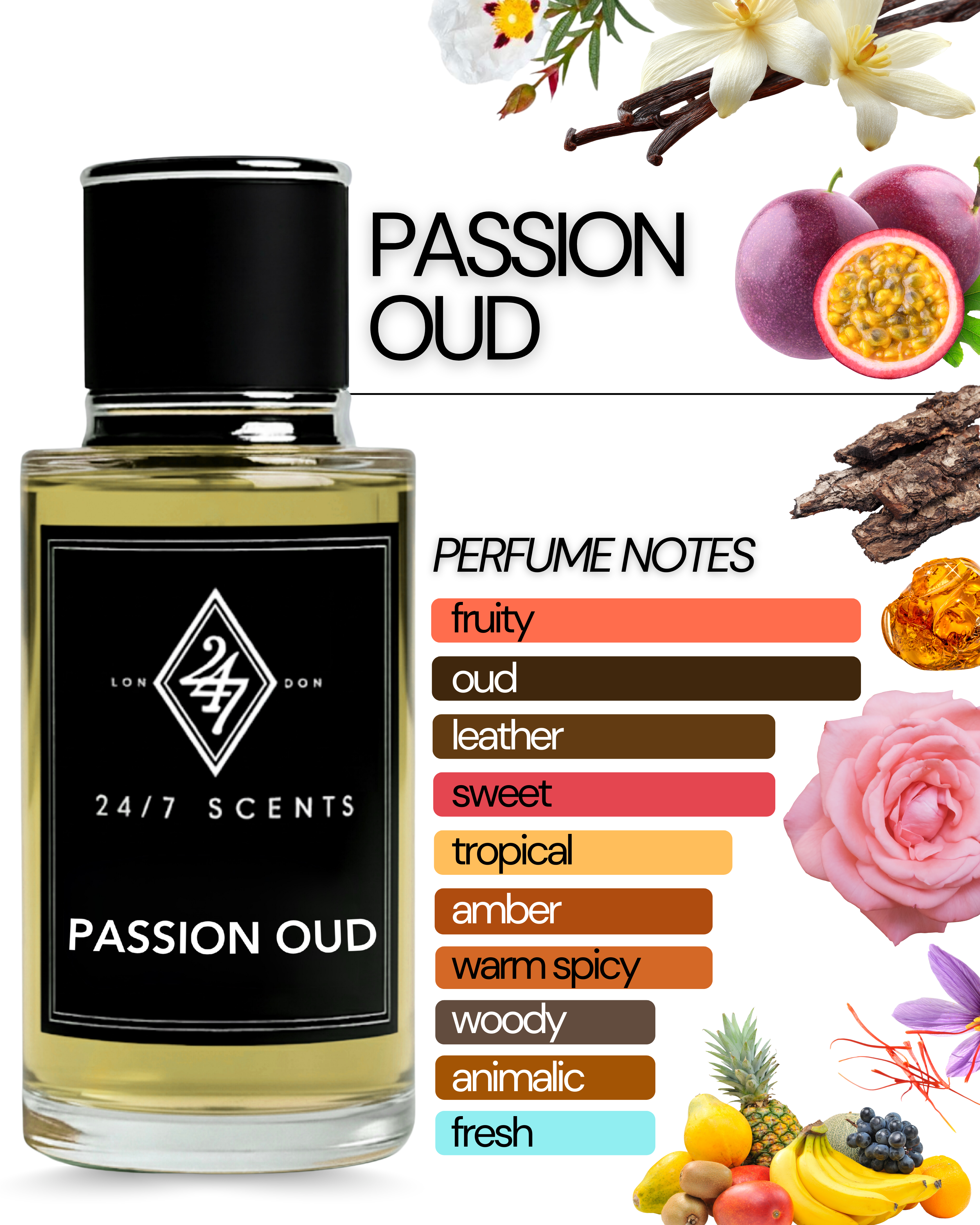 Passion Oud Eau de Parfum (50ml). A luxurious oud fragrance with passionfruit, rose, amber & leather. Bold, sensual & long-lasting.