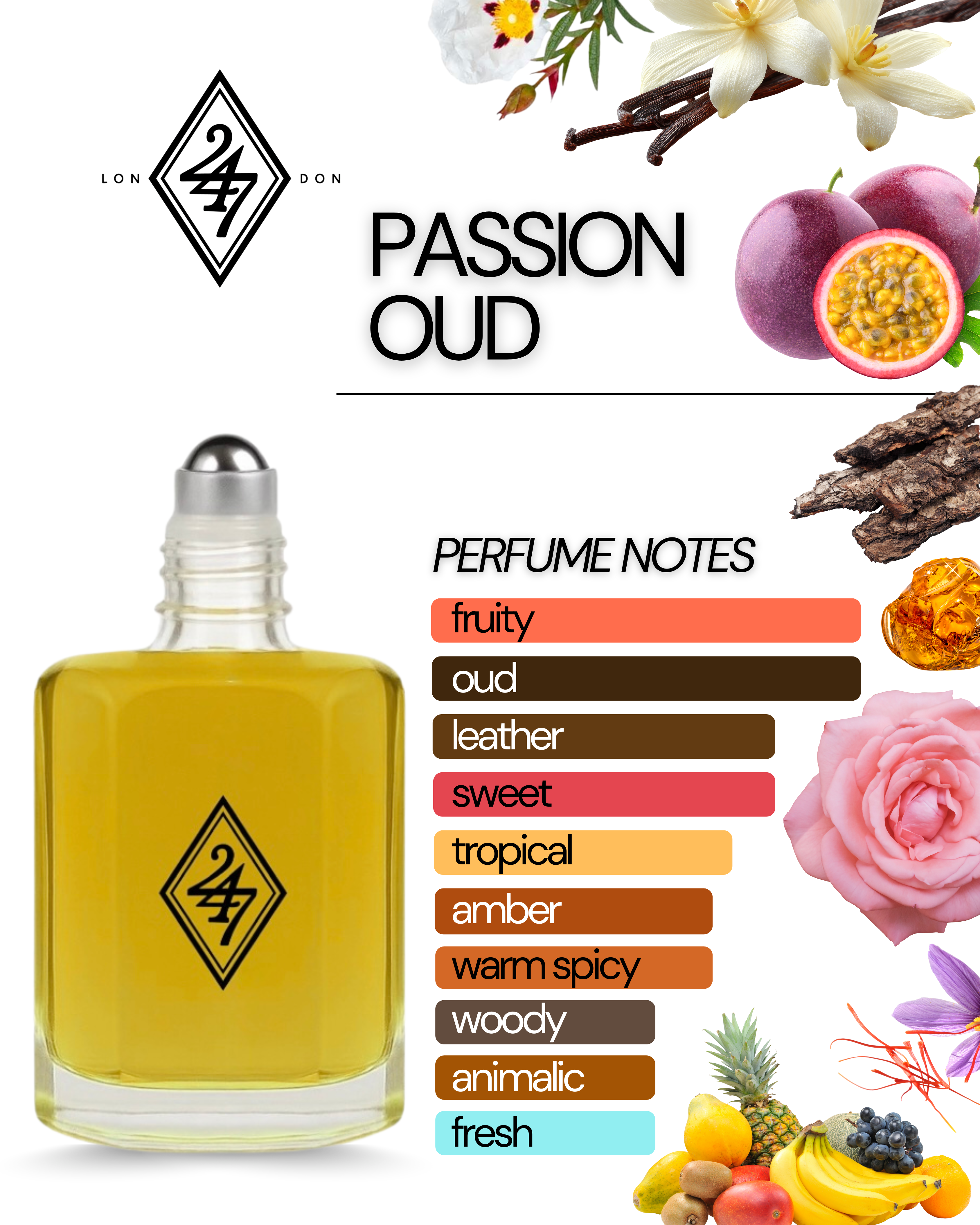 Passion Oud Fragrance Oil – Available in 3ml, 6ml, 12ml & 24ml. A luxurious oud blend with passionfruit, rose, amber & leather. Bold, elegant & long-lasting.