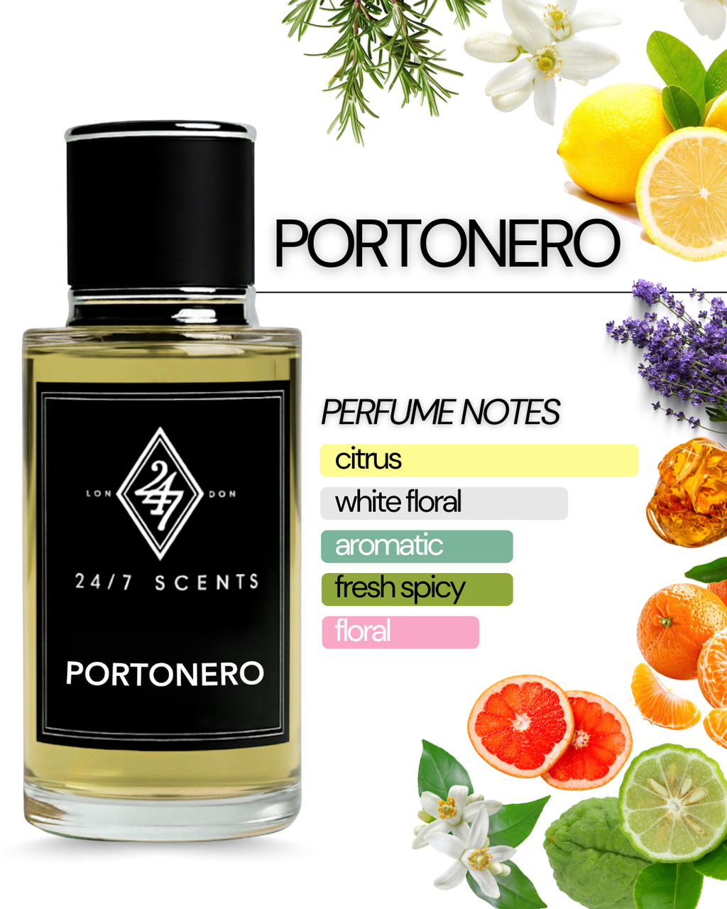 Portonero Eau de Parfum (50ml). A fresh blend of citrus, herbs & amber. Elegant, aromatic & long-lasting unisex fragrance.