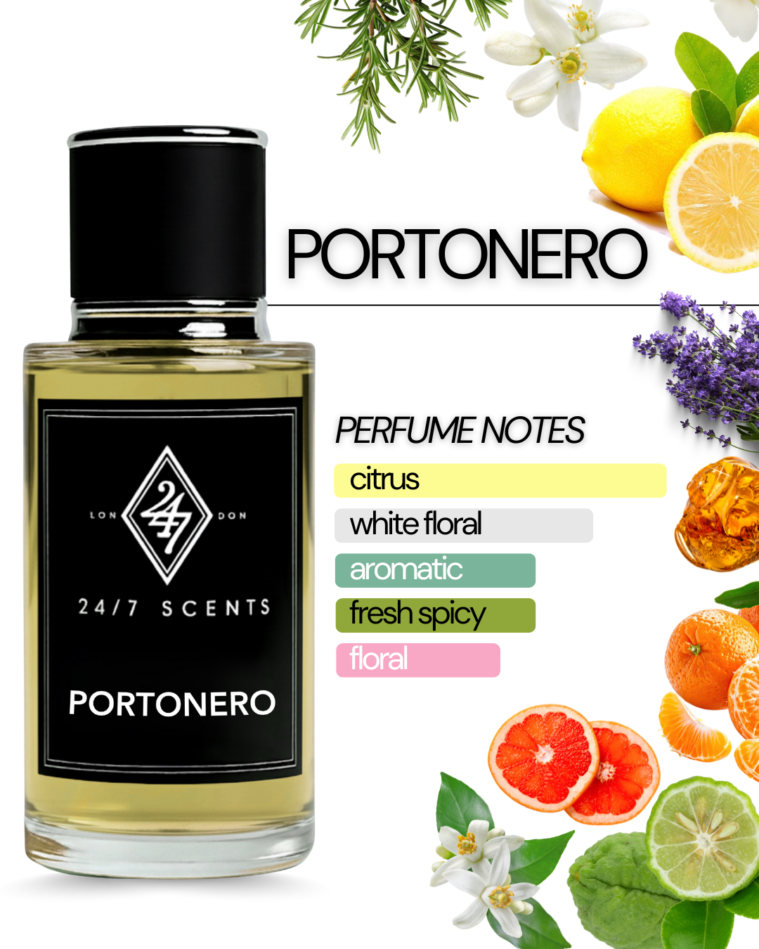 Portonero Eau de Parfum (50ml). A fresh blend of citrus, herbs & amber. Elegant, aromatic & long-lasting unisex fragrance.