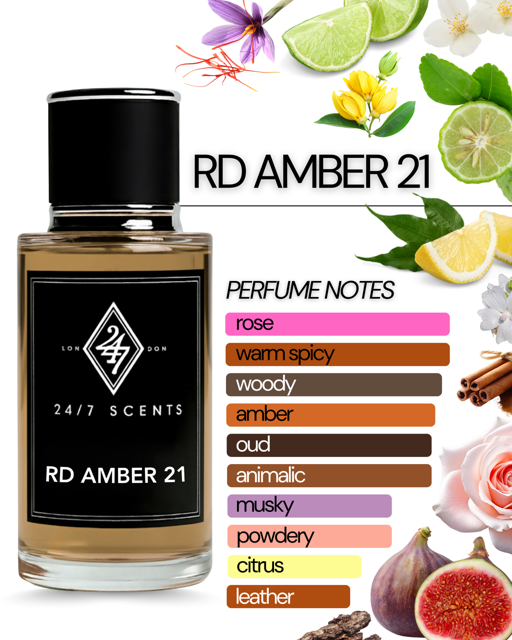Rd Amber 21 Eau de Parfum (50ml). A luxurious blend of citrus, florals, oud & amber. Elegant, warm & long-lasting unisex fragrance.