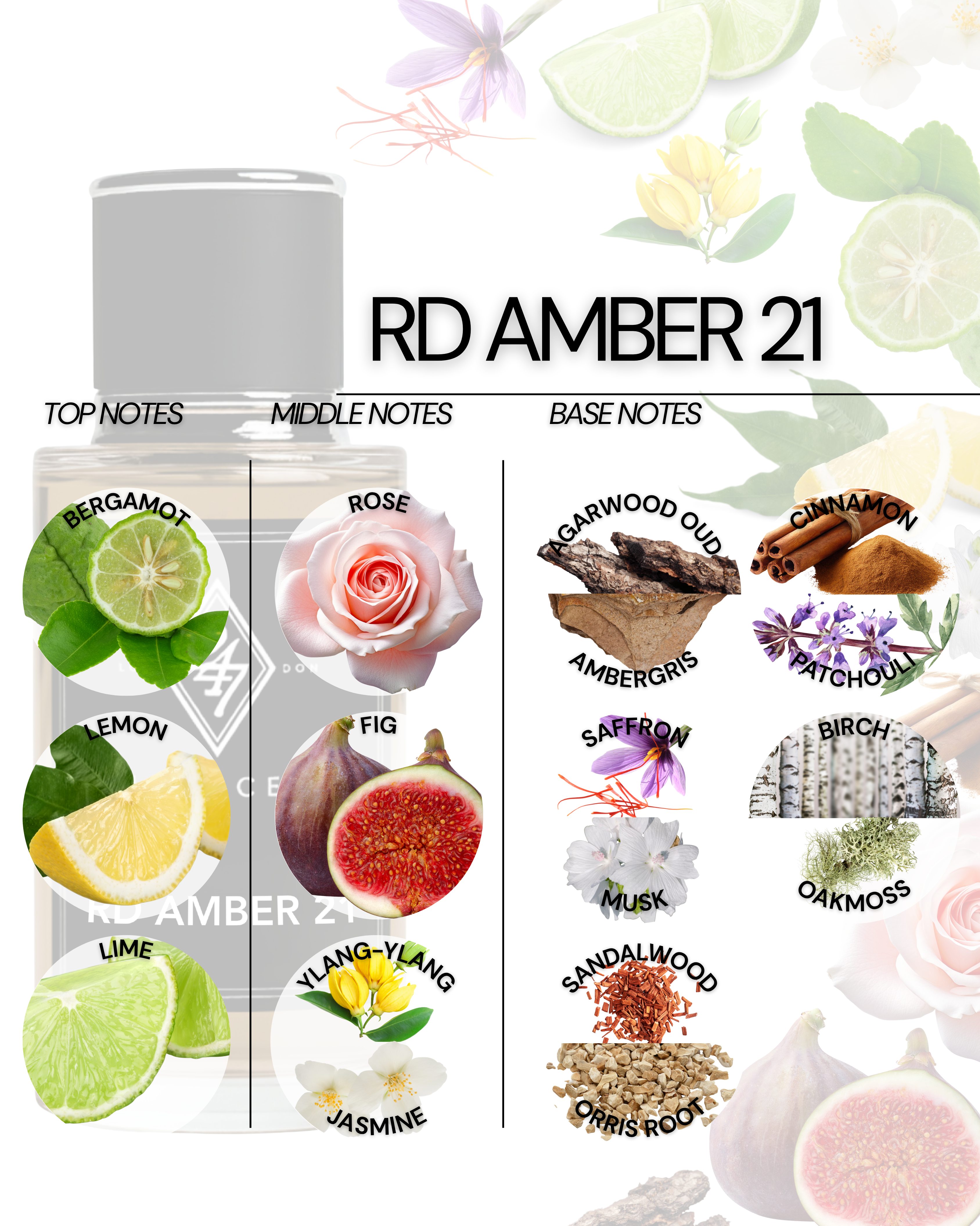 Rd Amber 21 Eau de Parfum (50ml). A luxurious blend of citrus, florals, oud & amber. Elegant, warm & long-lasting unisex fragrance.