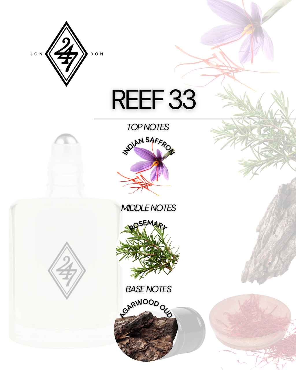 Reef 33 Perfume Oil – Alcohol-free, long-lasting fragrance oil with Indian saffron, rosemary, and a deep agarwood (oud) base. Available in 3ml, 6ml, 12ml &amp; 24ml sizes.