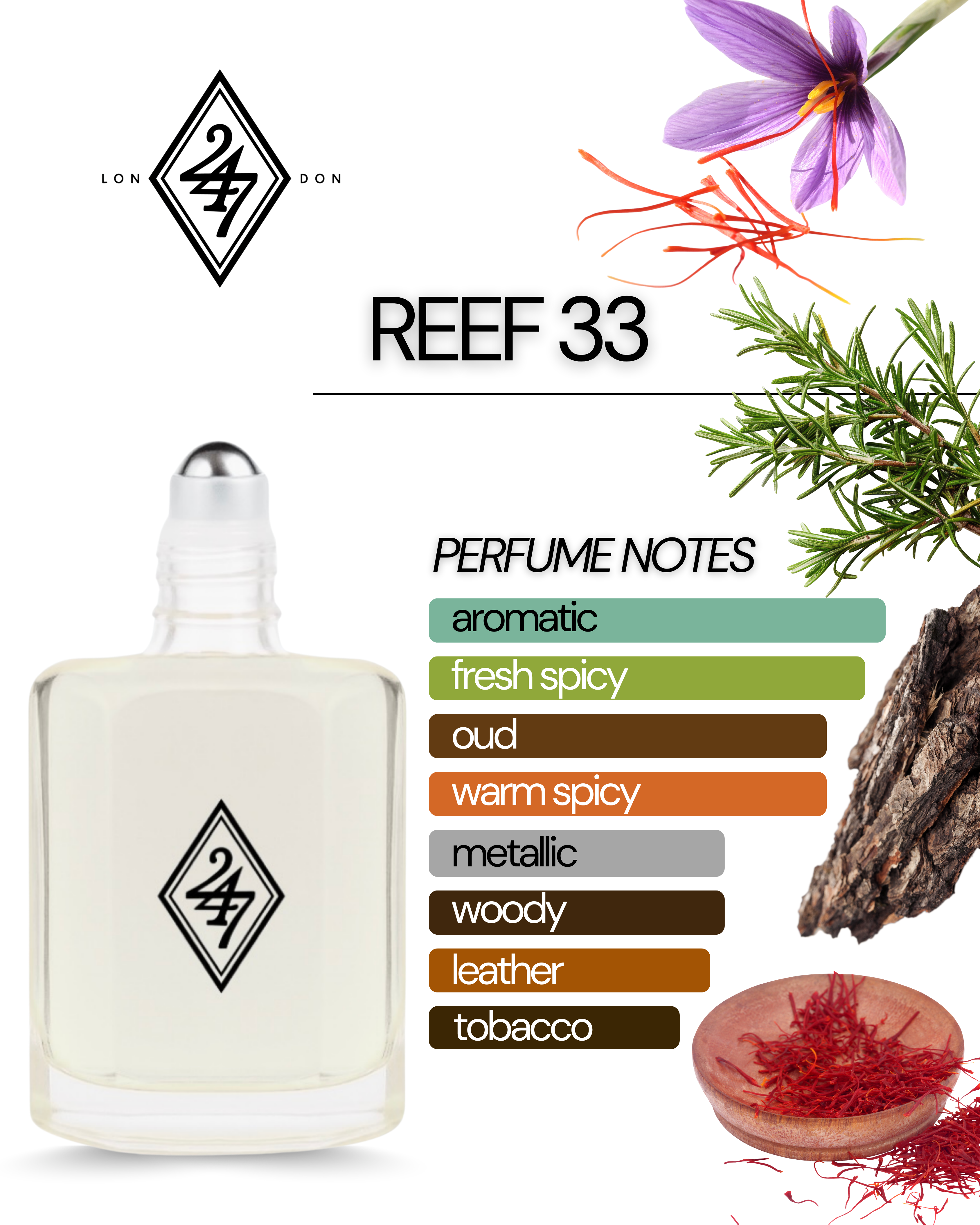 Reef 33 Perfume Oil – Alcohol-free, long-lasting fragrance oil with Indian saffron, rosemary, and a deep agarwood (oud) base. Available in 3ml, 6ml, 12ml &amp; 24ml sizes.