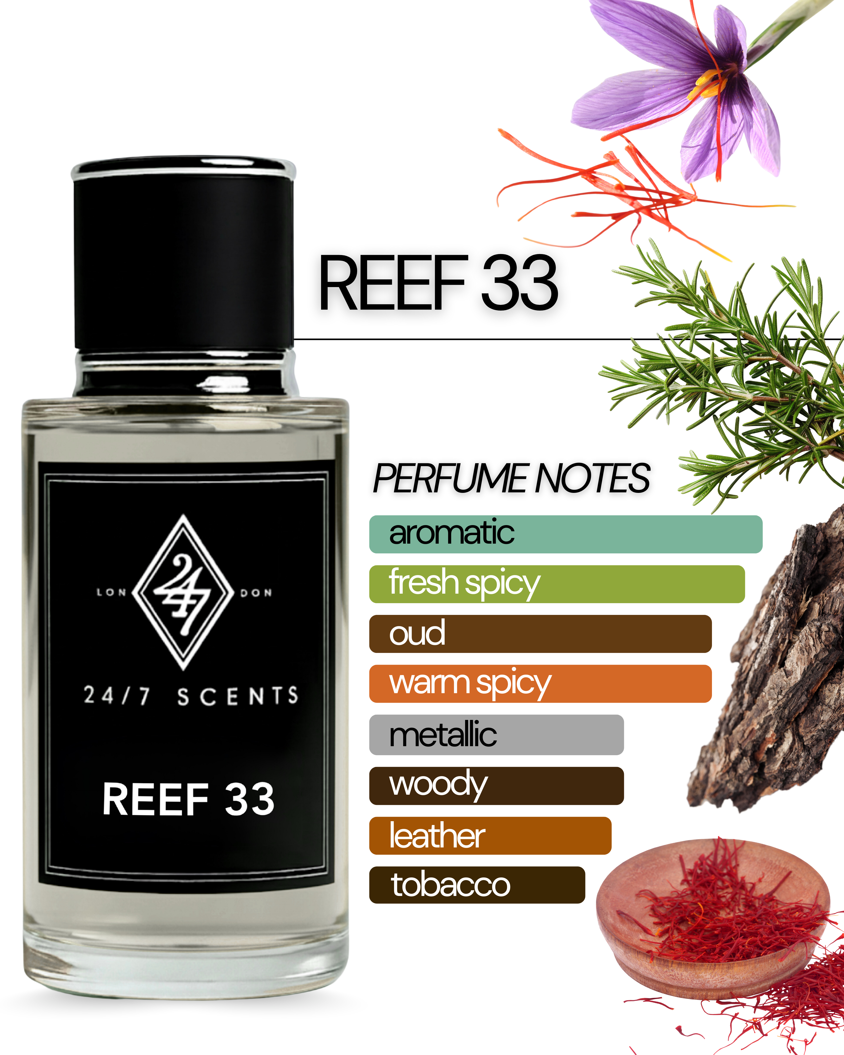 Reef 33 Eau de Parfum 50ml – A luxurious unisex fragrance with Indian saffron, rosemary, and a deep agarwood (oud) base. Bold, woody & long-lasting.