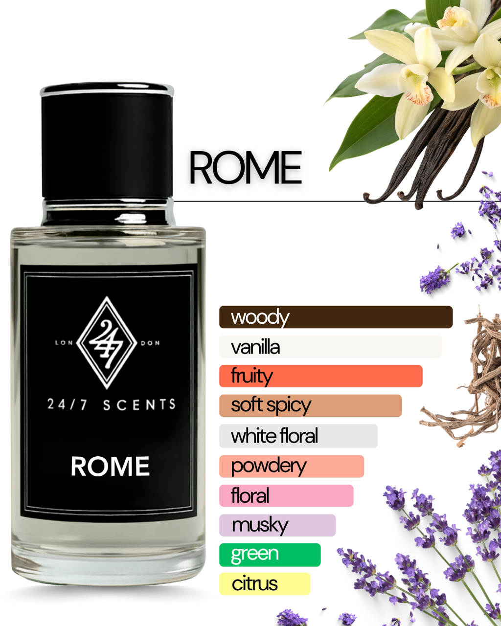 Rome Eau de Parfum 50ml – A refined unisex fragrance with vanilla top notes, lavender heart, and an earthy vetiver base. Modern, elegant & long-lasting.