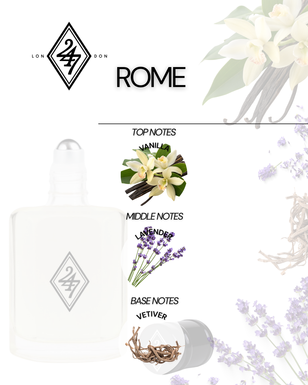 Rome Fragrance Oil – Available in 3ml, 6ml, 12ml & 24ml. A stylish unisex blend of vanilla, lavender & vetiver. Modern, elegant & long-lasting.