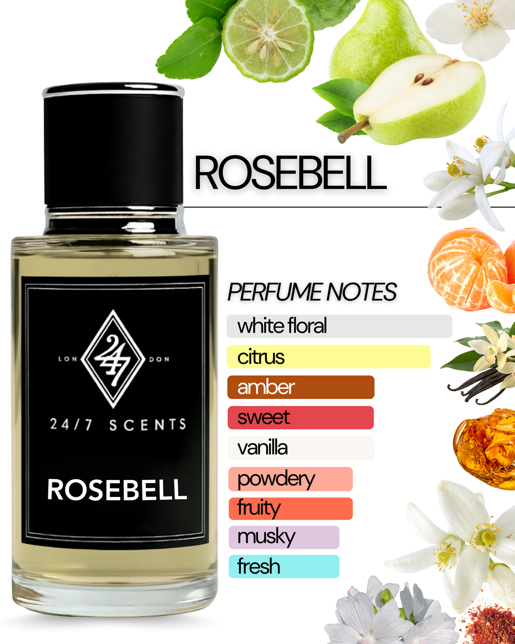 Rosebell Eau de Parfum (50ml). A fresh floral blend of pear, jasmine & vanilla amber. Feminine, elegant & long-lasting fragrance.