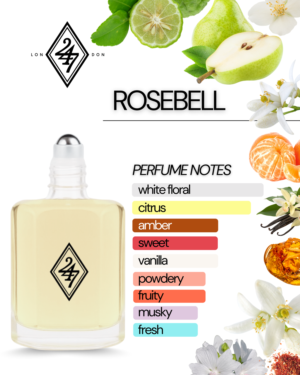 Rosebell Fragrance Oil – Available in 3ml, 6ml, 12ml & 24ml. A floral blend of pear, jasmine & vanilla amber. Elegant, feminine & long-lasting.