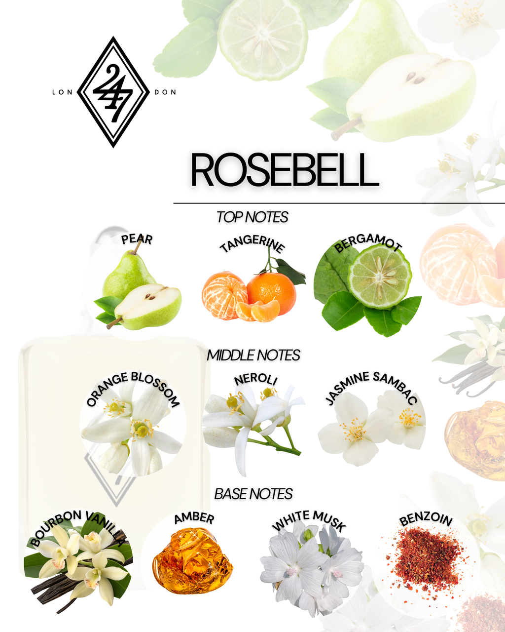 Rosebell Fragrance Oil – Available in 3ml, 6ml, 12ml & 24ml. A floral blend of pear, jasmine & vanilla amber. Elegant, feminine & long-lasting.