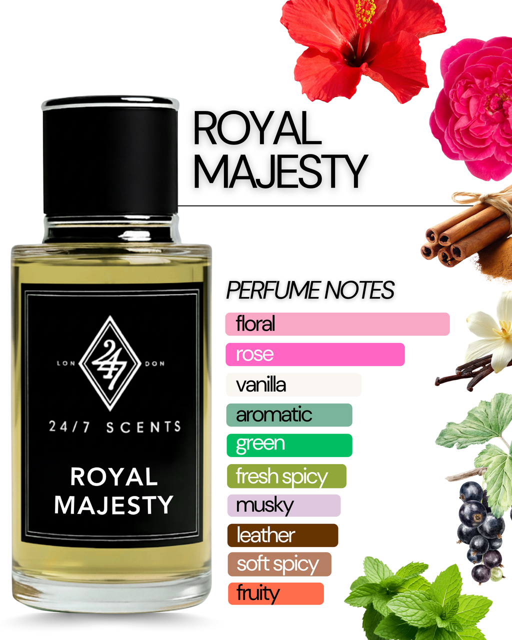 Royal Majesty Eau de Parfum (50ml). A luxurious rose, leather & vanilla blend with cinnamon & ambrette. Bold, elegant & long-lasting fragrance.