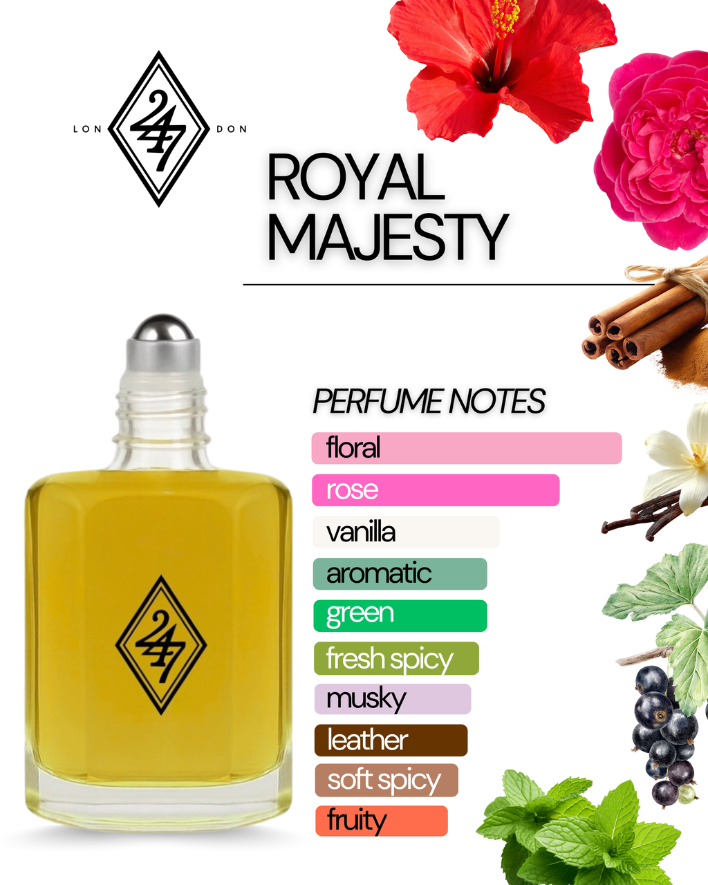 Royal Majesty Fragrance Oil – Available in 3ml, 6ml, 12ml & 24ml. A luxurious rose, leather & vanilla oil with cinnamon & ambrette. Elegant, bold & long-lasting.