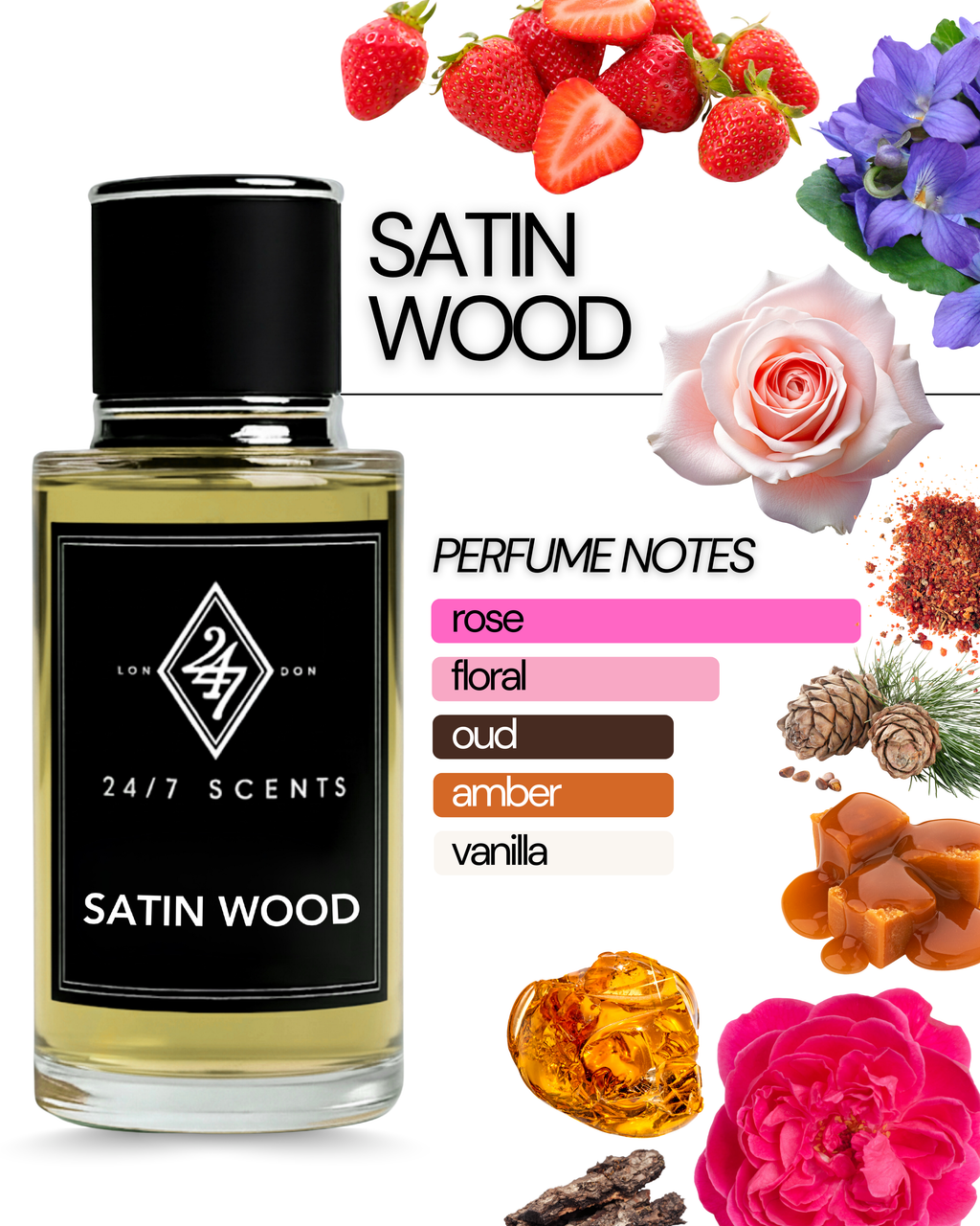 Satin Wood Eau de Parfum (50ml). A floral-woody blend of rose, oud, vanilla & caramel. Elegant, warm & long-lasting unisex fragrance.