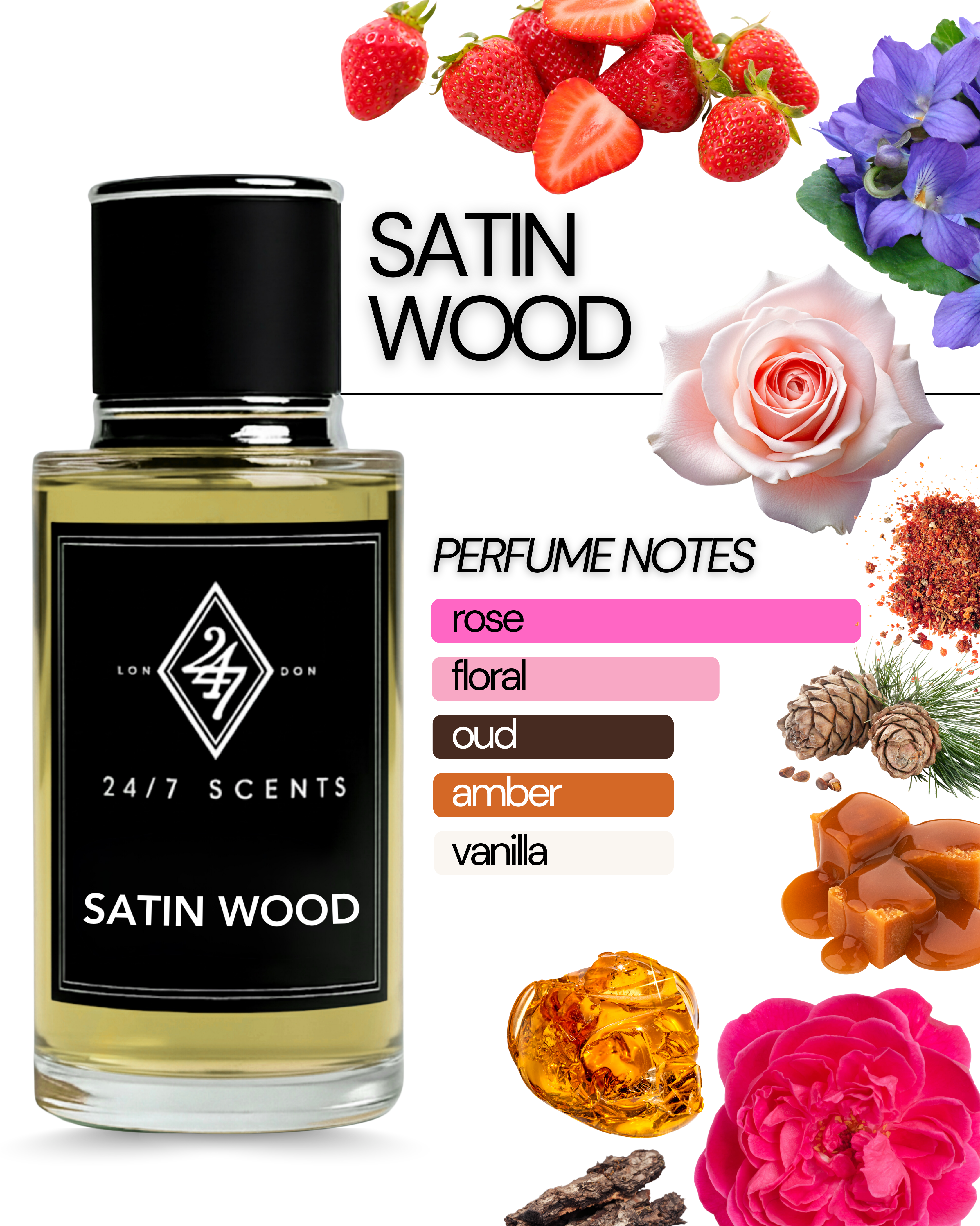 Satin Wood Eau de Parfum (50ml). A floral-woody blend of rose, oud, vanilla & caramel. Elegant, warm & long-lasting unisex fragrance.