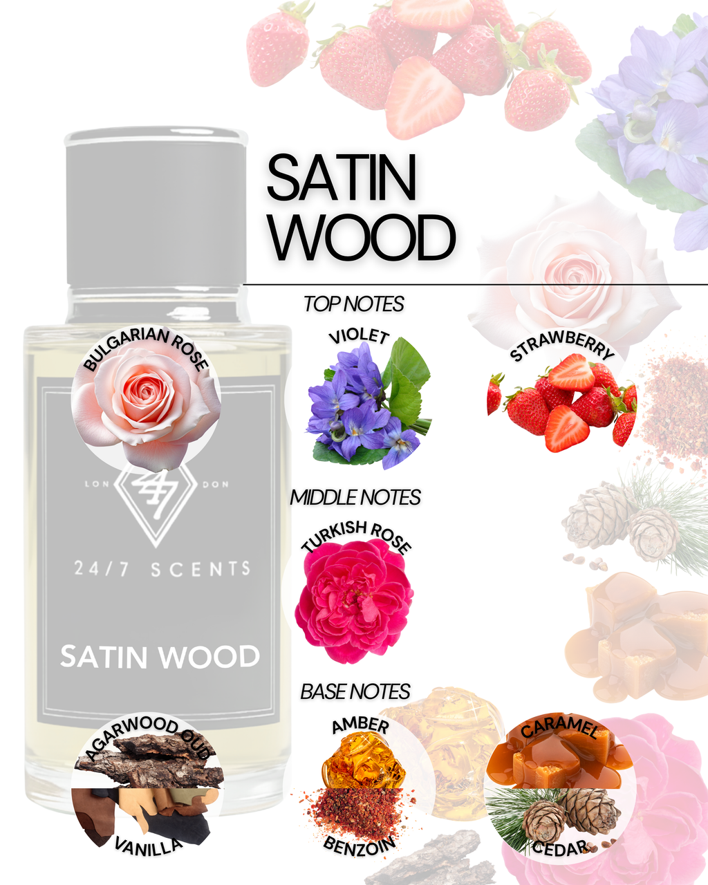 Satin Wood Eau de Parfum (50ml). A floral-woody blend of rose, oud, vanilla & caramel. Elegant, warm & long-lasting unisex fragrance.