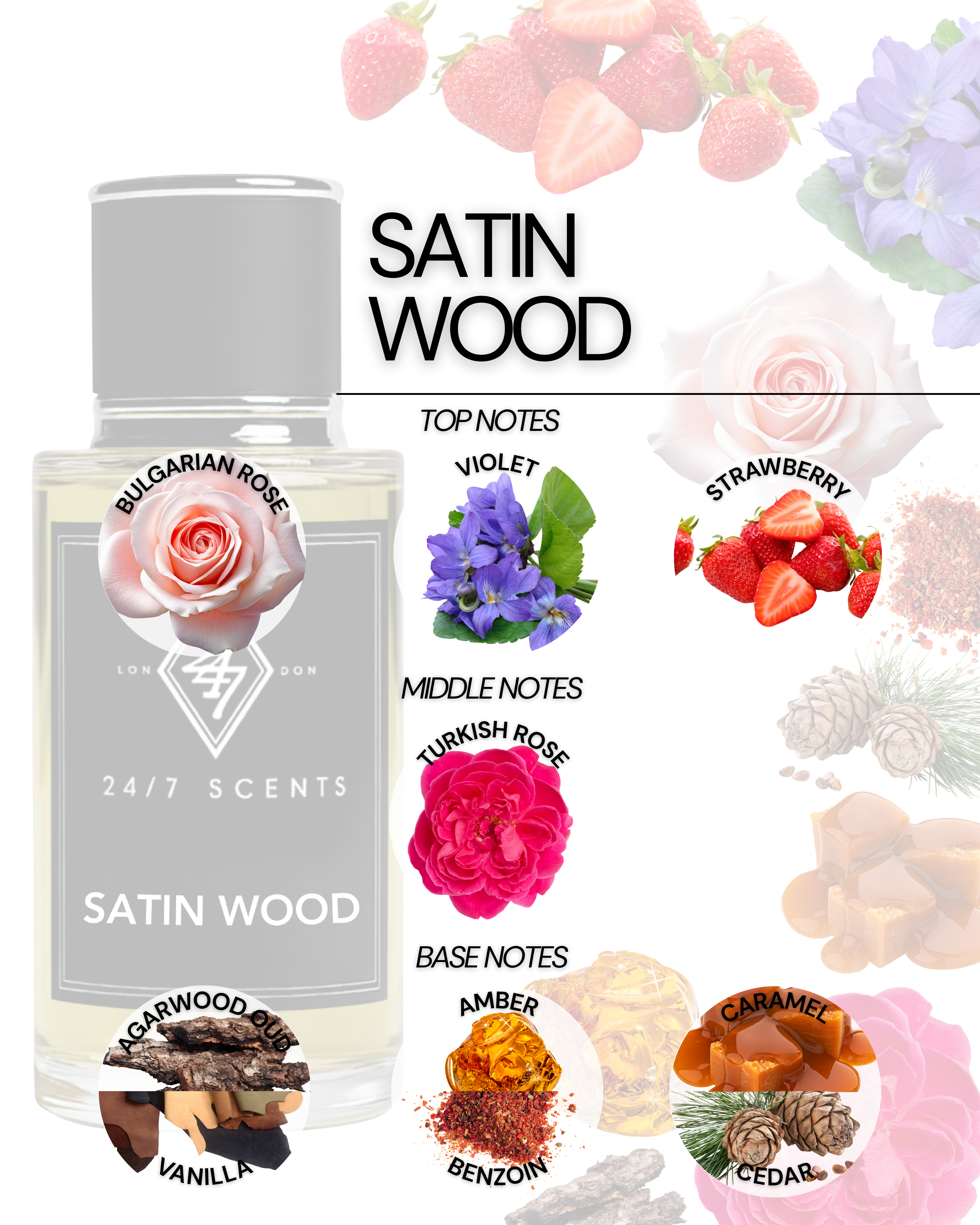 Satin Wood Eau de Parfum (50ml). A floral-woody blend of rose, oud, vanilla & caramel. Elegant, warm & long-lasting unisex fragrance.