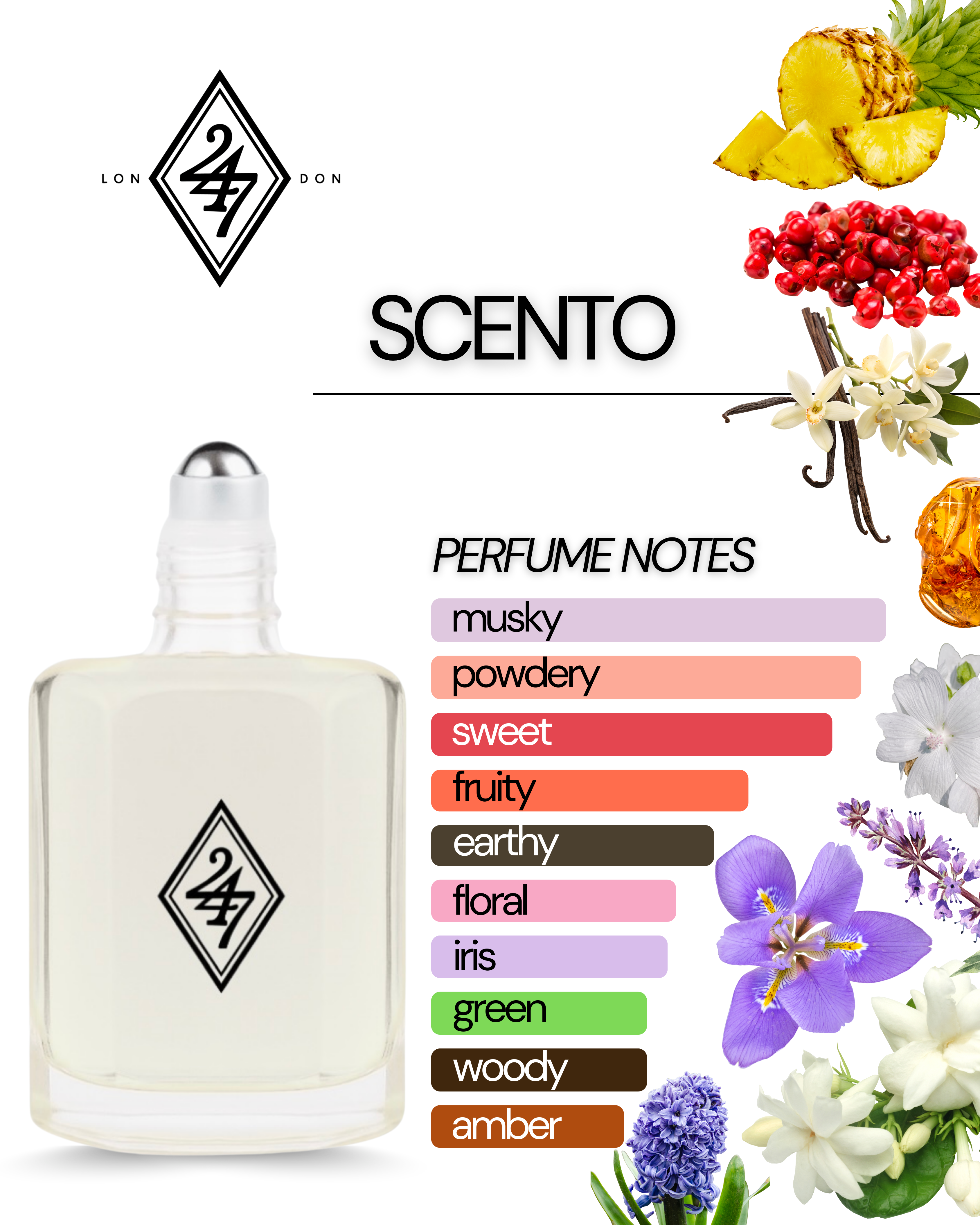 Scento Fragrance Oil – Available in 3ml, 6ml, 12ml & 24ml. A luxury alcohol-free oil with pineapple, jasmine & amber. Elegant, long-lasting & skin-friendly.