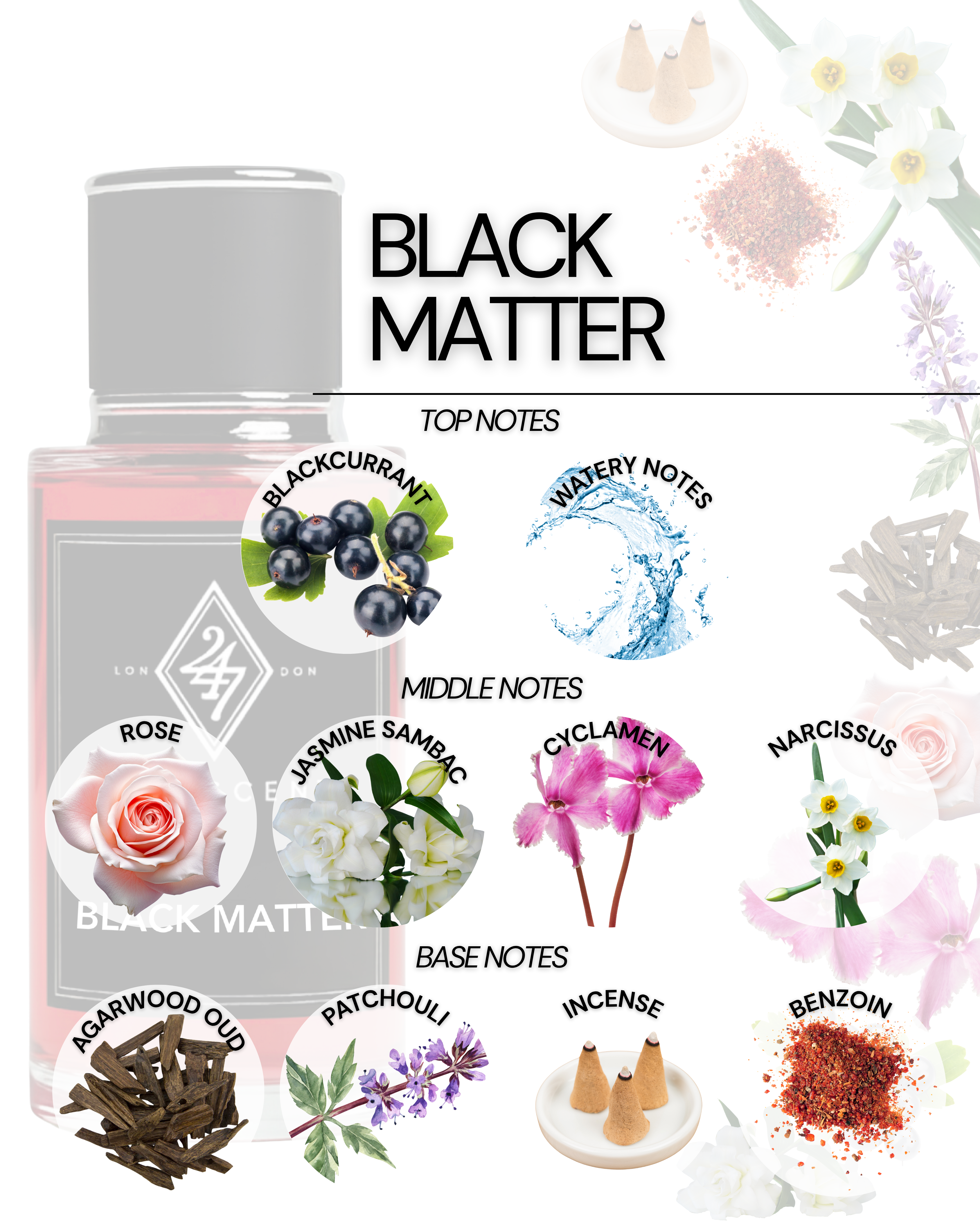 Black Matter Eau de Parfum (50ml). A bold fragrance with blackcurrant, rose, jasmine, oud, and incense. Dark, elegant, and long-lasting.