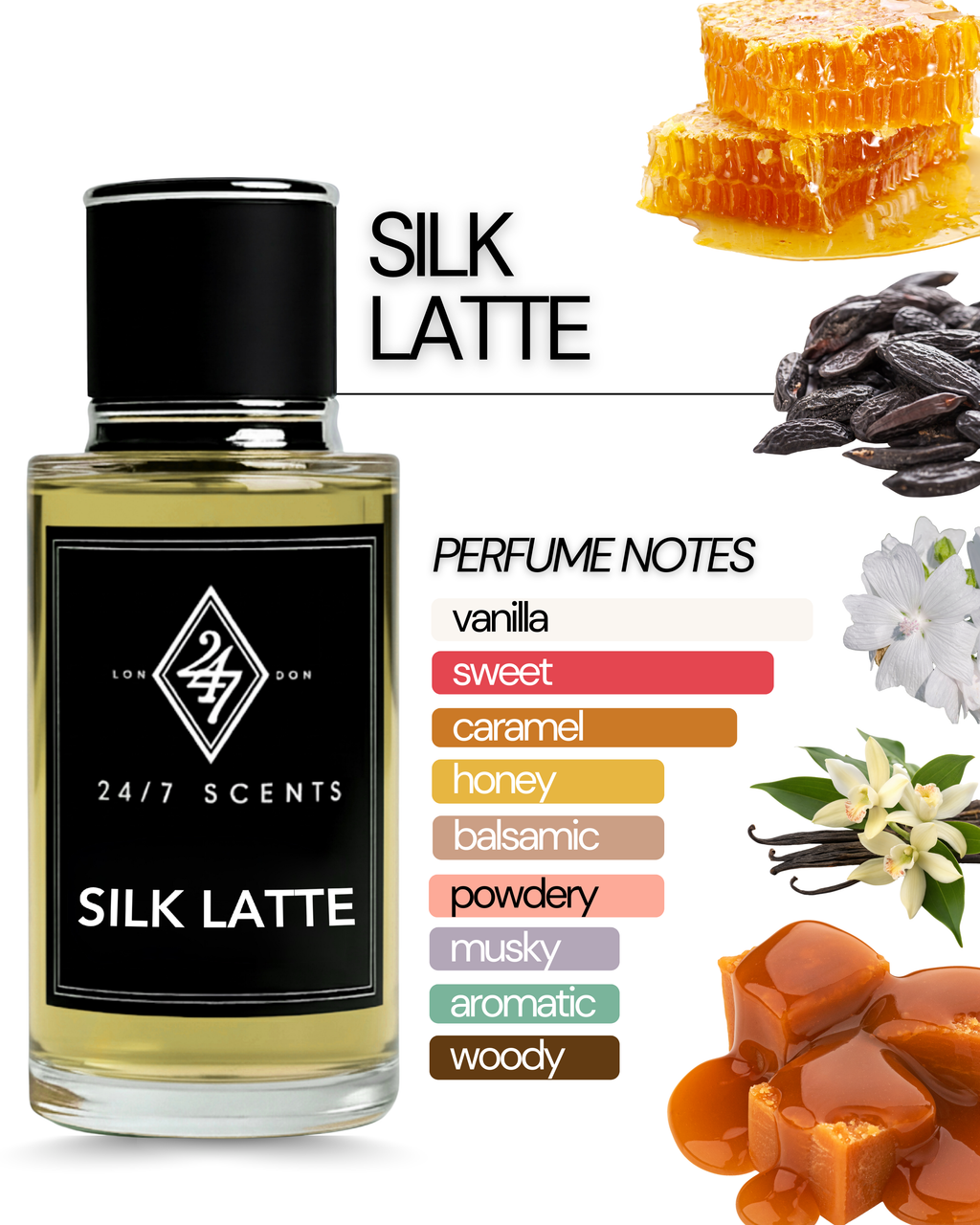Silk Latte Eau de Parfum (50ml). A gourmand fragrance with caramel, honey, vanilla, and musk. Sweet, cosy, and long-lasting.