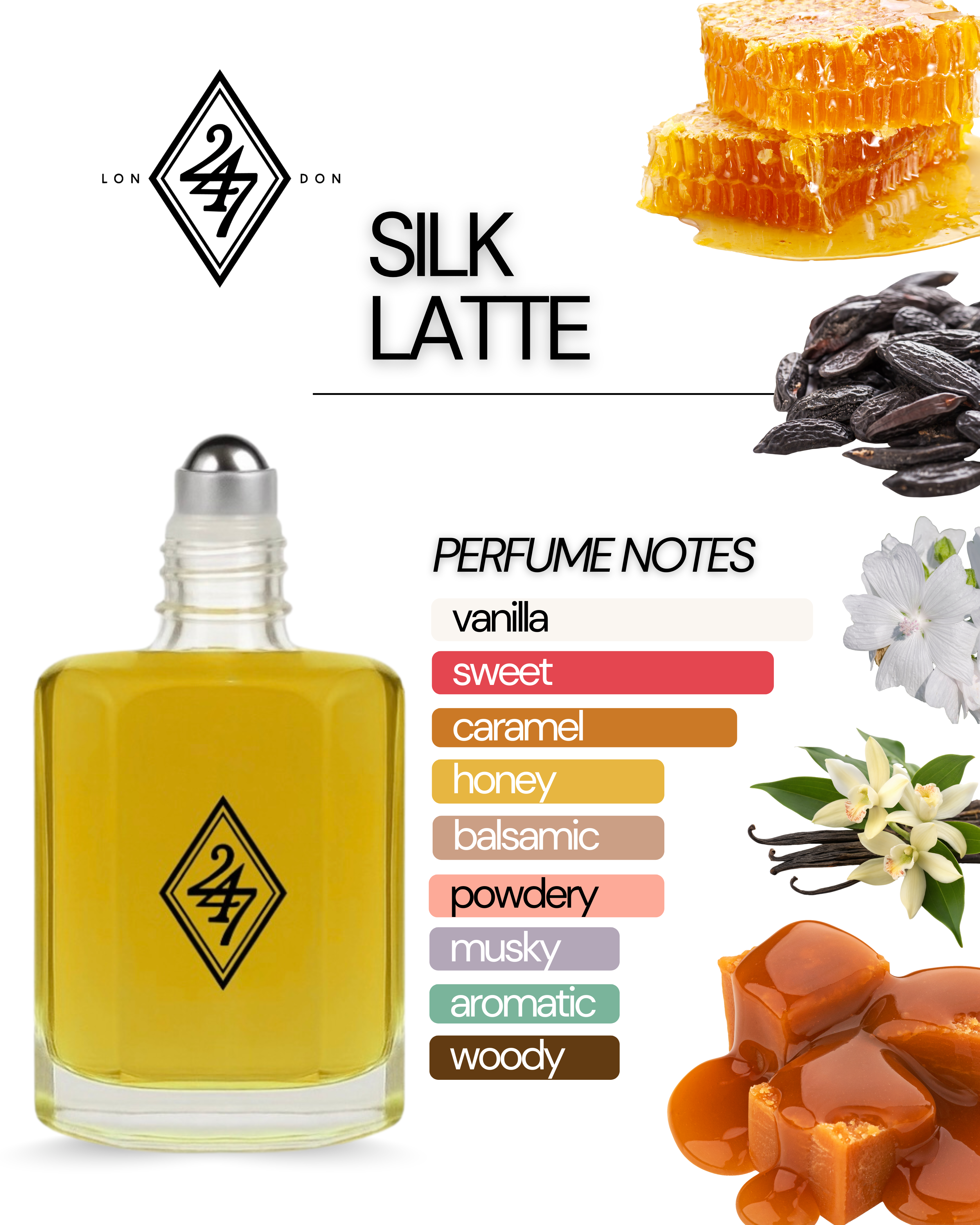 Silk Latte Fragrance Oil – Available in 3ml, 6ml, 12ml & 24ml. A sweet gourmand blend of caramel, honey, vanilla & musk. Elegant, cosy & long-lasting.