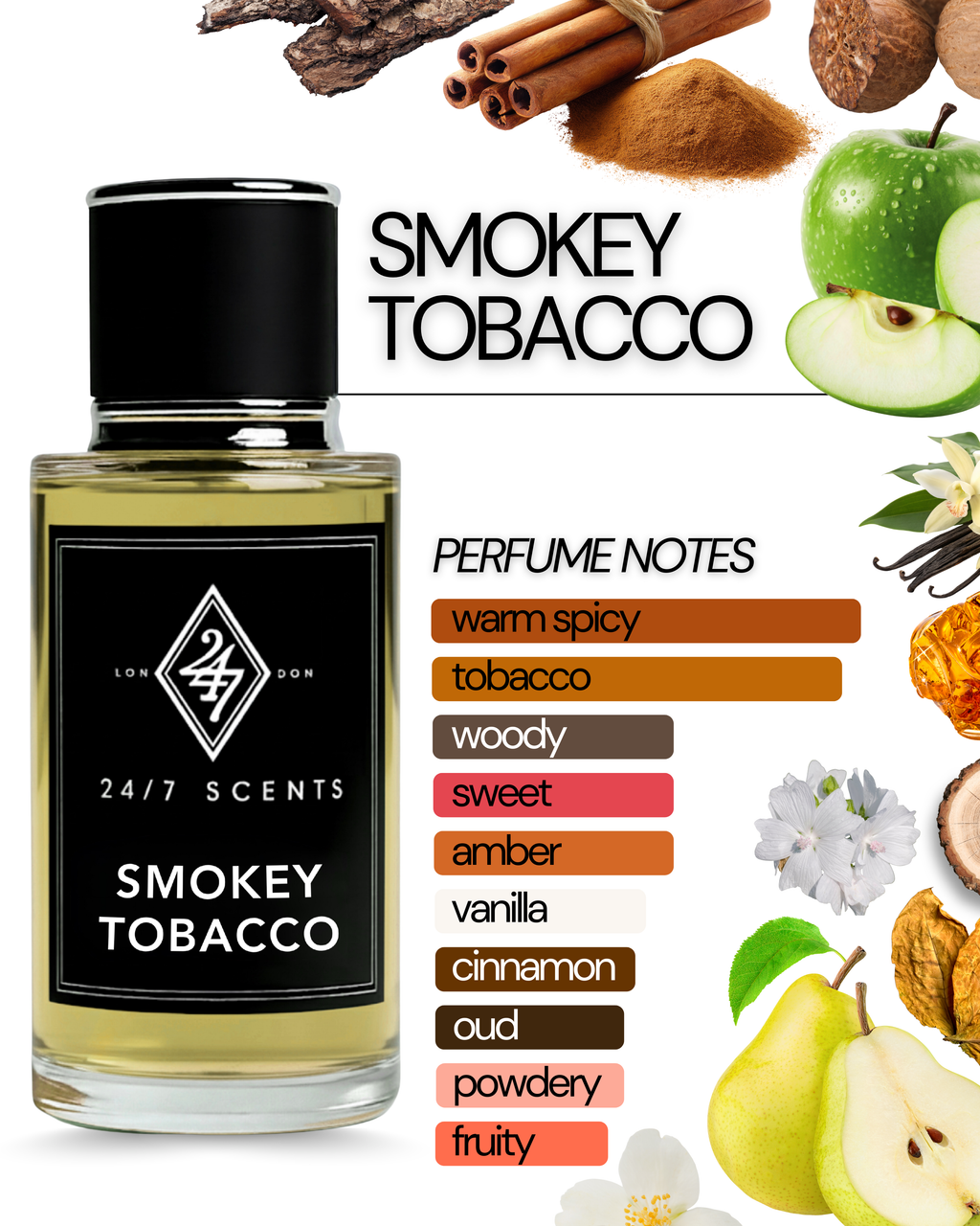 Smokey Tobacco Eau de Parfum (50ml). A bold blend of oud, tobacco, spice & amber. Luxurious, smoky & long-lasting unisex fragrance.