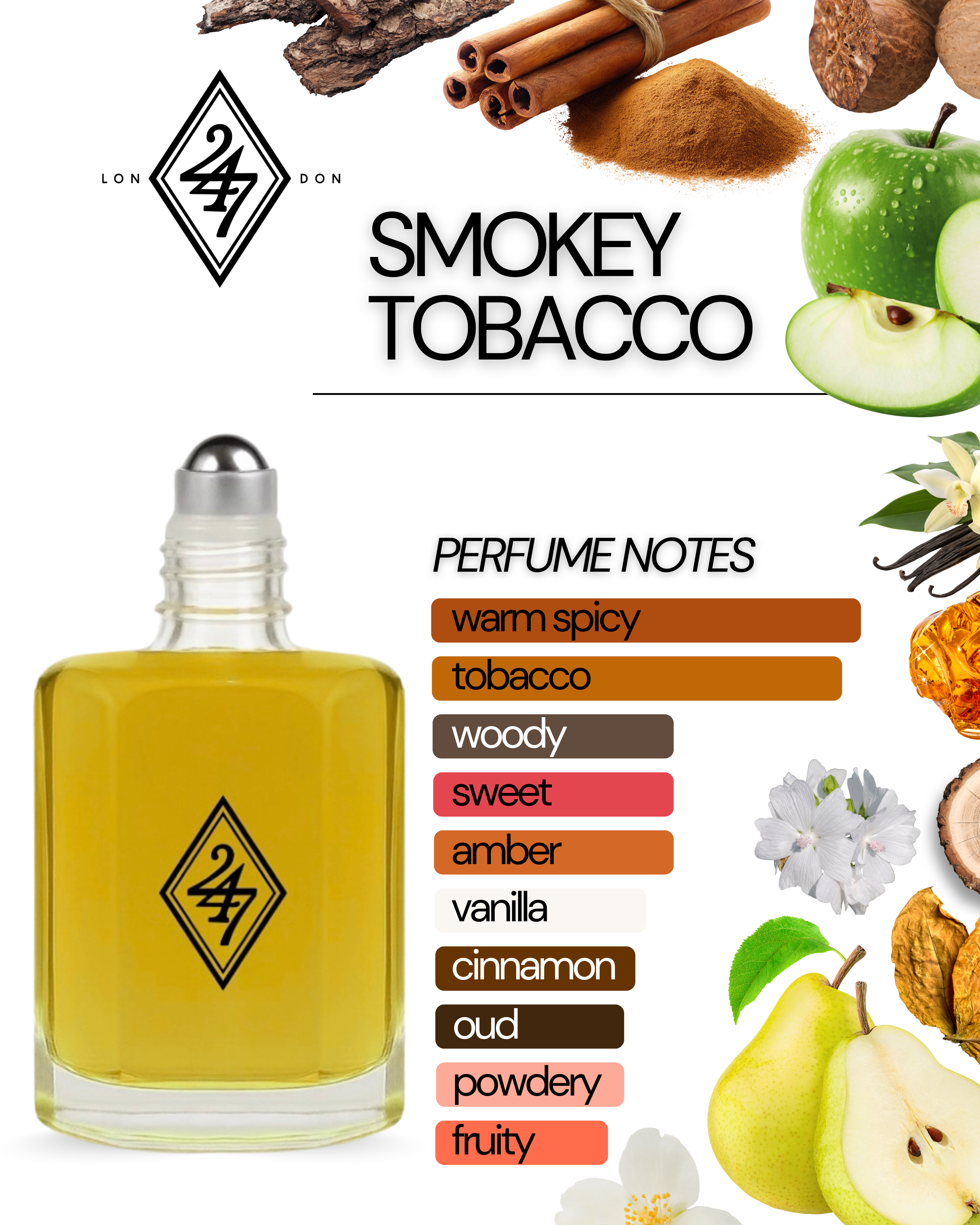 Smokey Tobacco Fragrance Oil – Available in 3ml, 6ml, 12ml & 24ml. A smoky blend of oud, tobacco, vanilla & amber. Luxurious, bold & long-lasting