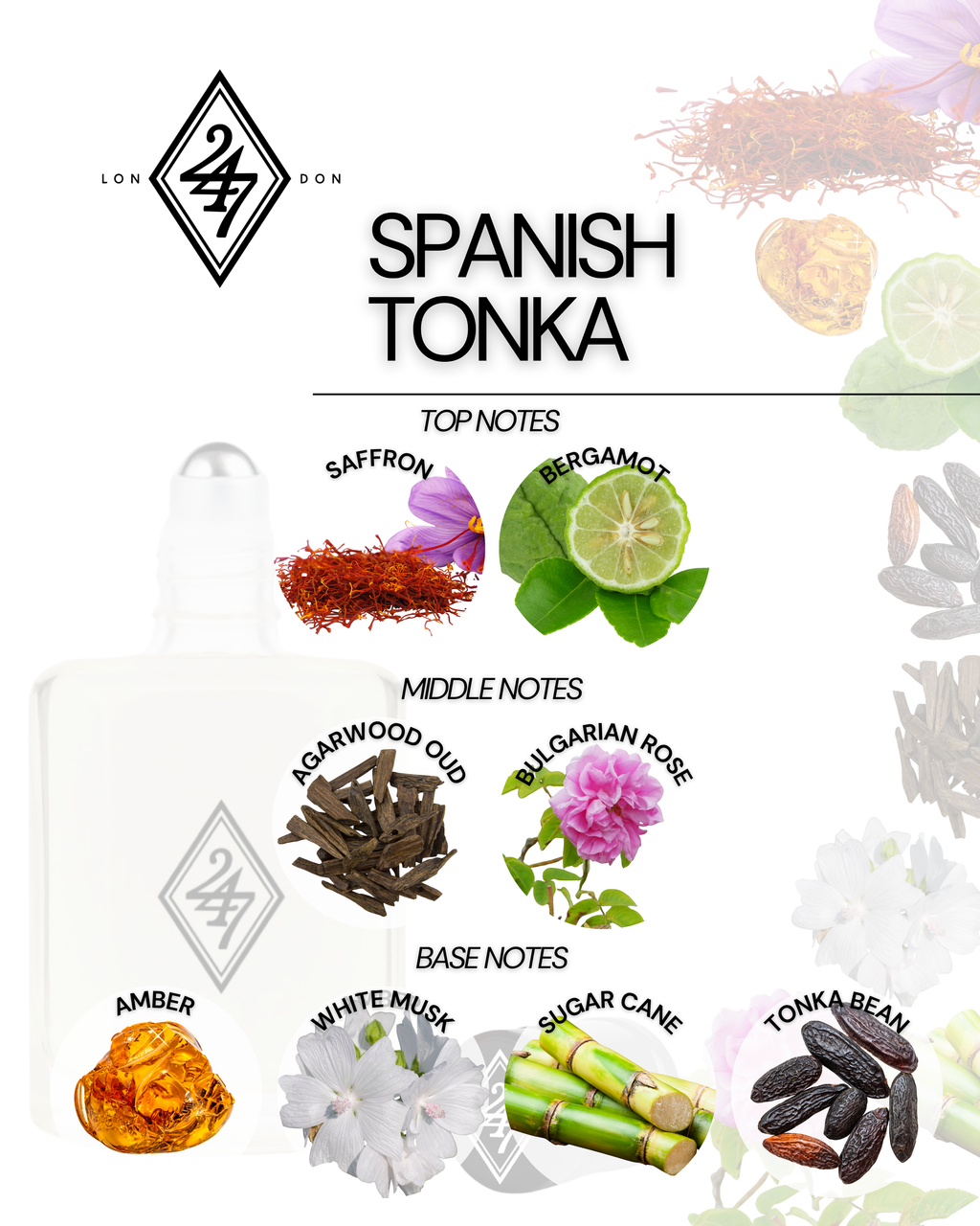 Spanish Tonka Perfume Oil – Alcohol-free, long-lasting fragrance oil with saffron & bergamot, oud & Bulgarian rose, and a warm base of amber, white musk, sugar cane & tonka bean. Available in 3ml, 6ml, 12ml & 24ml sizes.