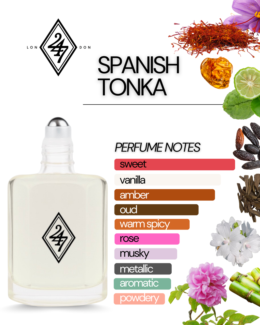 Spanish Tonka Perfume Oil – Alcohol-free, long-lasting fragrance oil with saffron & bergamot, oud & Bulgarian rose, and a warm base of amber, white musk, sugar cane & tonka bean. Available in 3ml, 6ml, 12ml & 24ml sizes.
