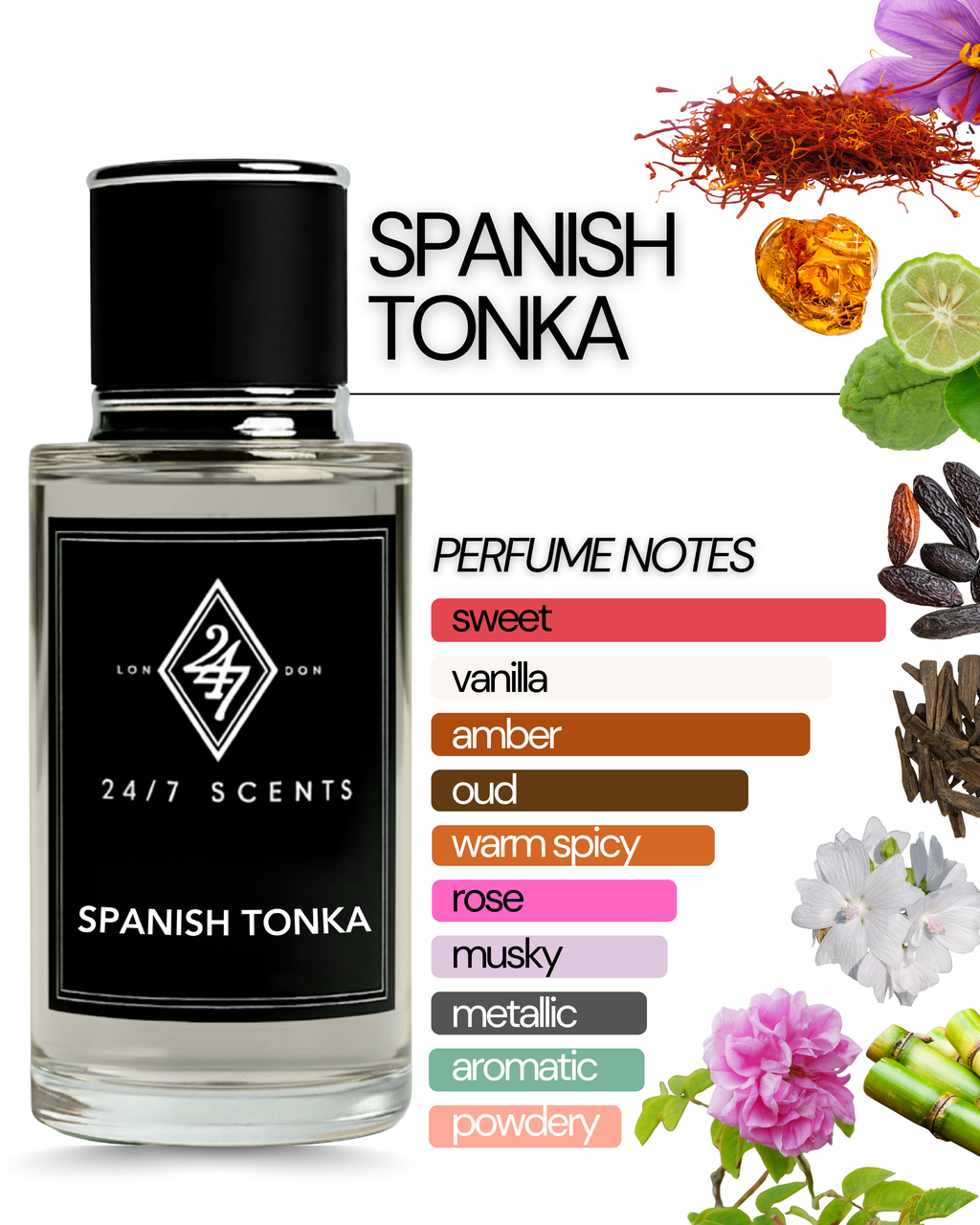 Spanish Tonka Eau de Parfum 50ml – A unisex fragrance with saffron & bergamot top notes, oud & Bulgarian rose heart, and a warm base of amber, white musk, sugar cane & tonka bean. Luxurious, sweet & long-lasting.