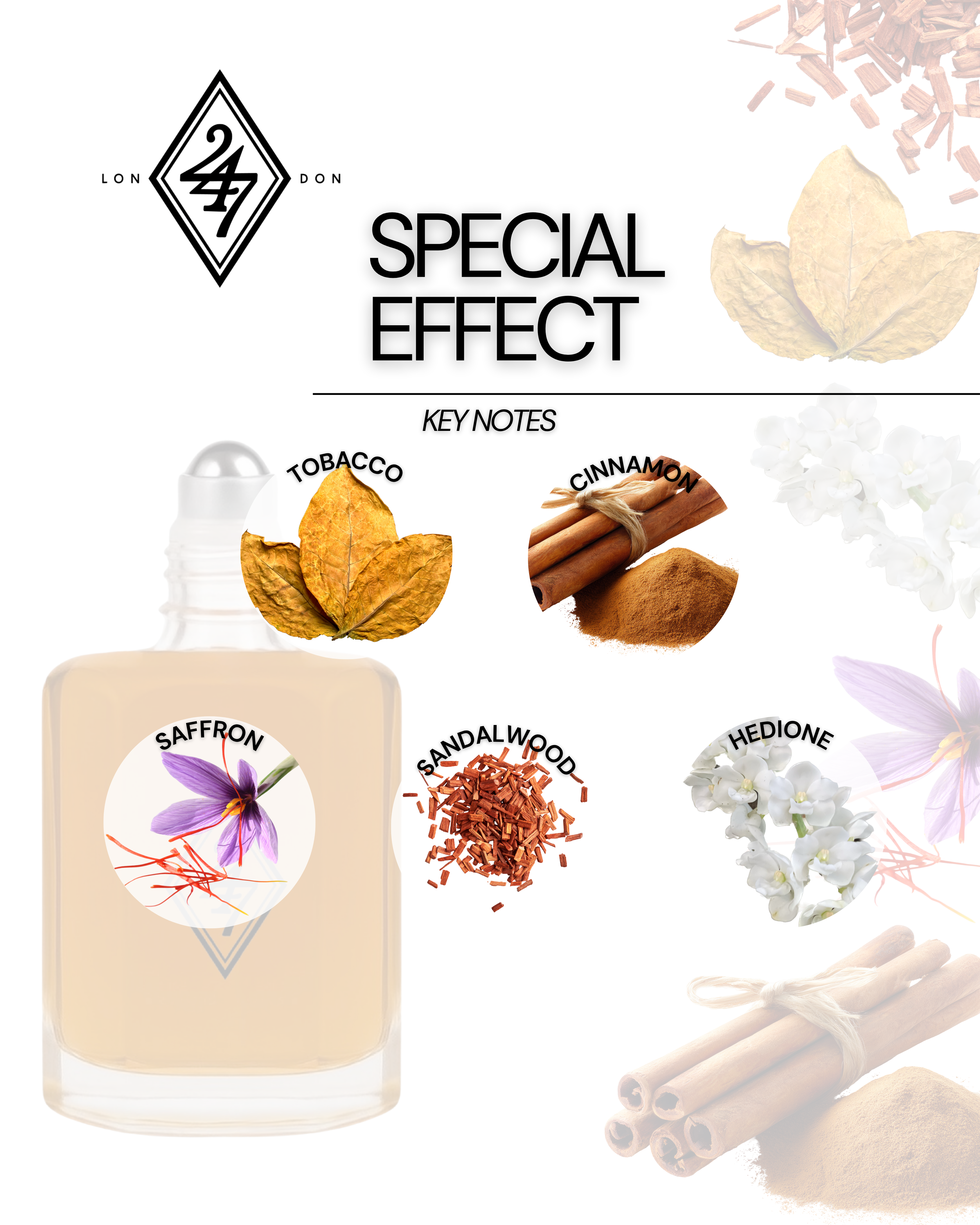 Special Effect Fragrance Oil – Available in 3ml, 6ml, 12ml & 24ml. A bold blend of tobacco, saffron, and sandalwood. Intense, elegant, and long-lasting.