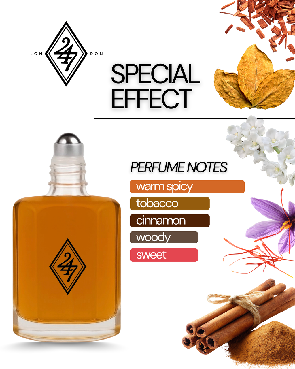 Special Effect Fragrance Oil – Available in 3ml, 6ml, 12ml & 24ml. A bold blend of tobacco, saffron, and sandalwood. Intense, elegant, and long-lasting.