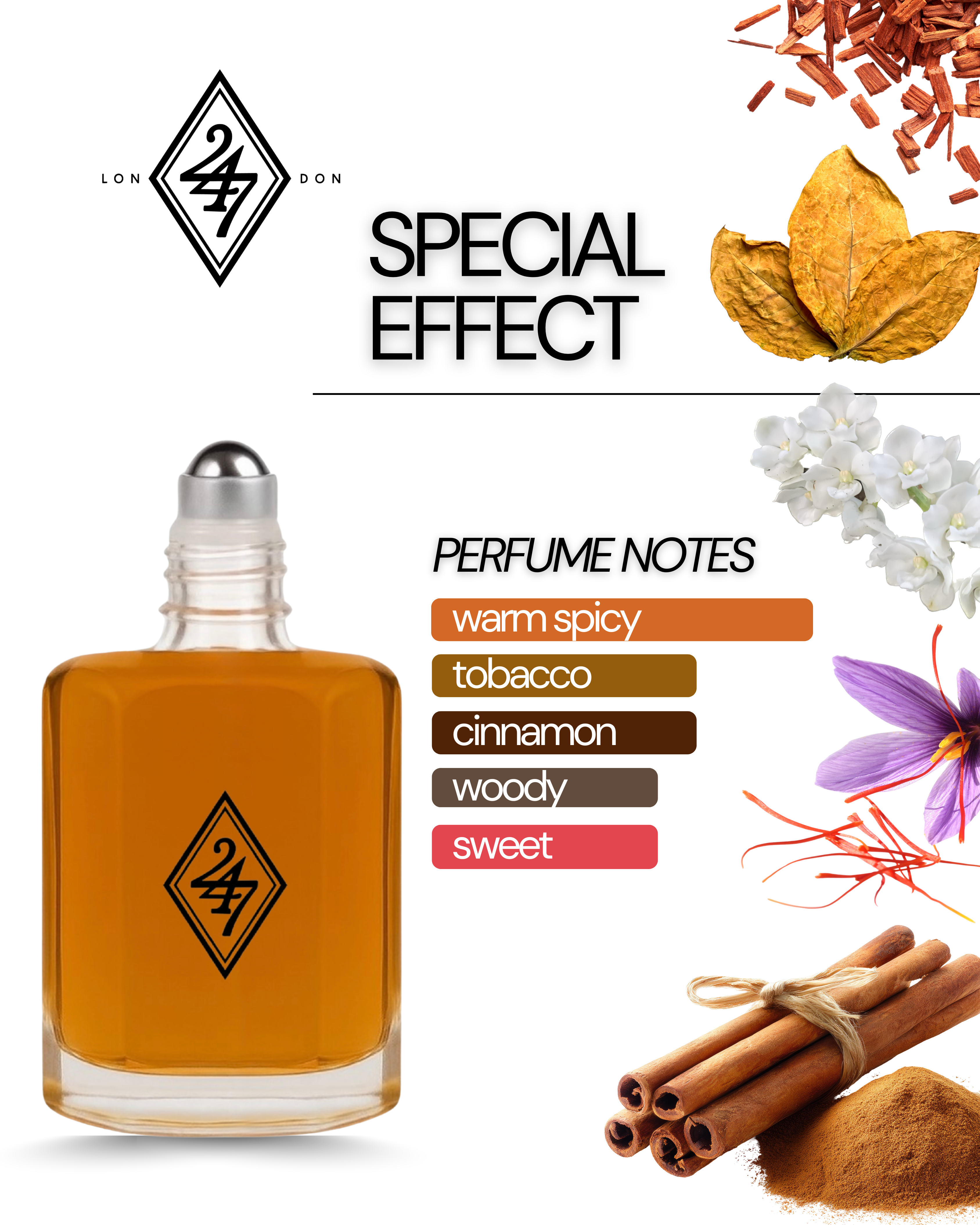Special Effect Fragrance Oil – Available in 3ml, 6ml, 12ml & 24ml. A bold blend of tobacco, saffron, and sandalwood. Intense, elegant, and long-lasting.