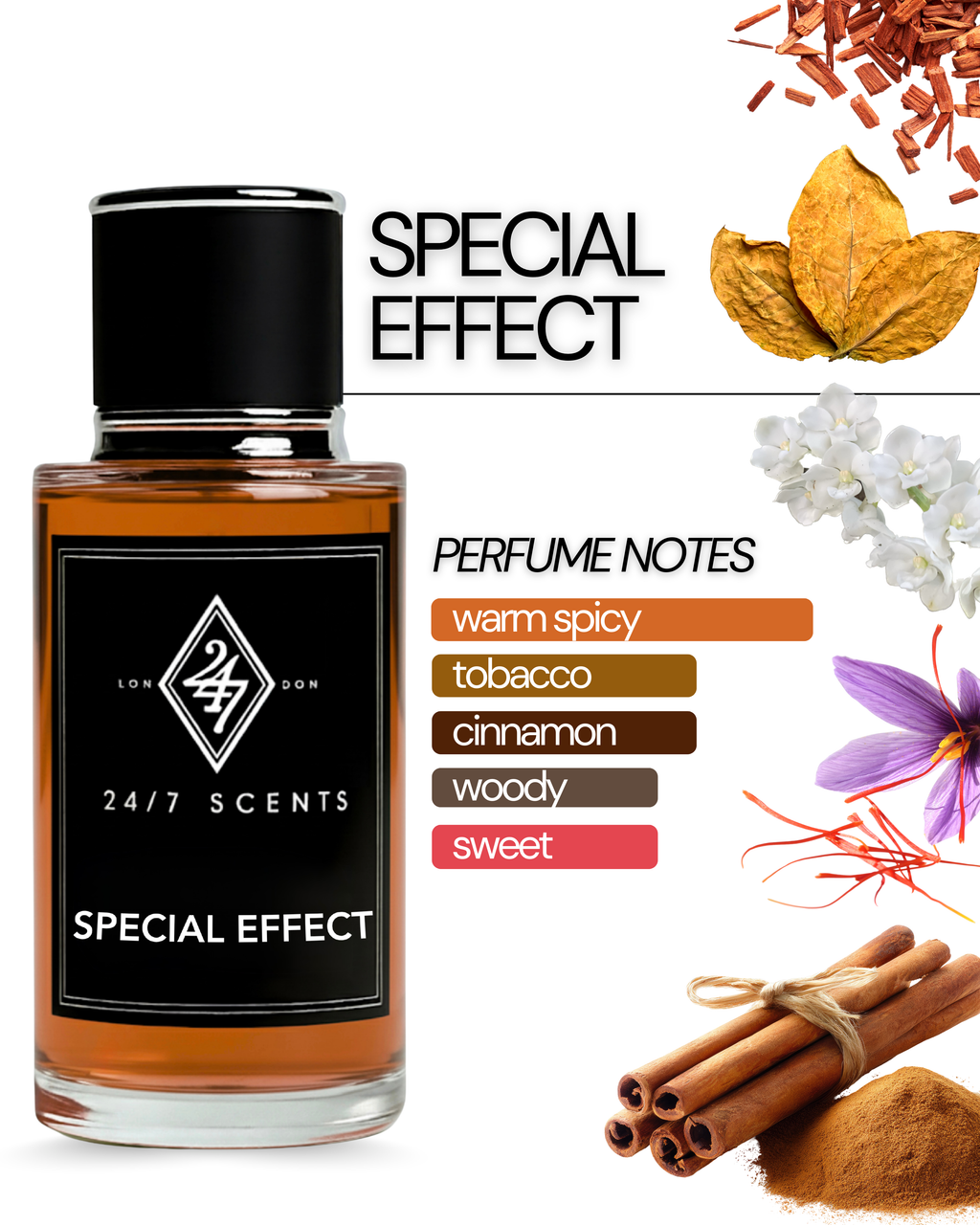 Special Effect Eau de Parfum (50ml). A bold fragrance with tobacco, cinnamon, saffron, and sandalwood. Powerful, refined, and long-lasting.