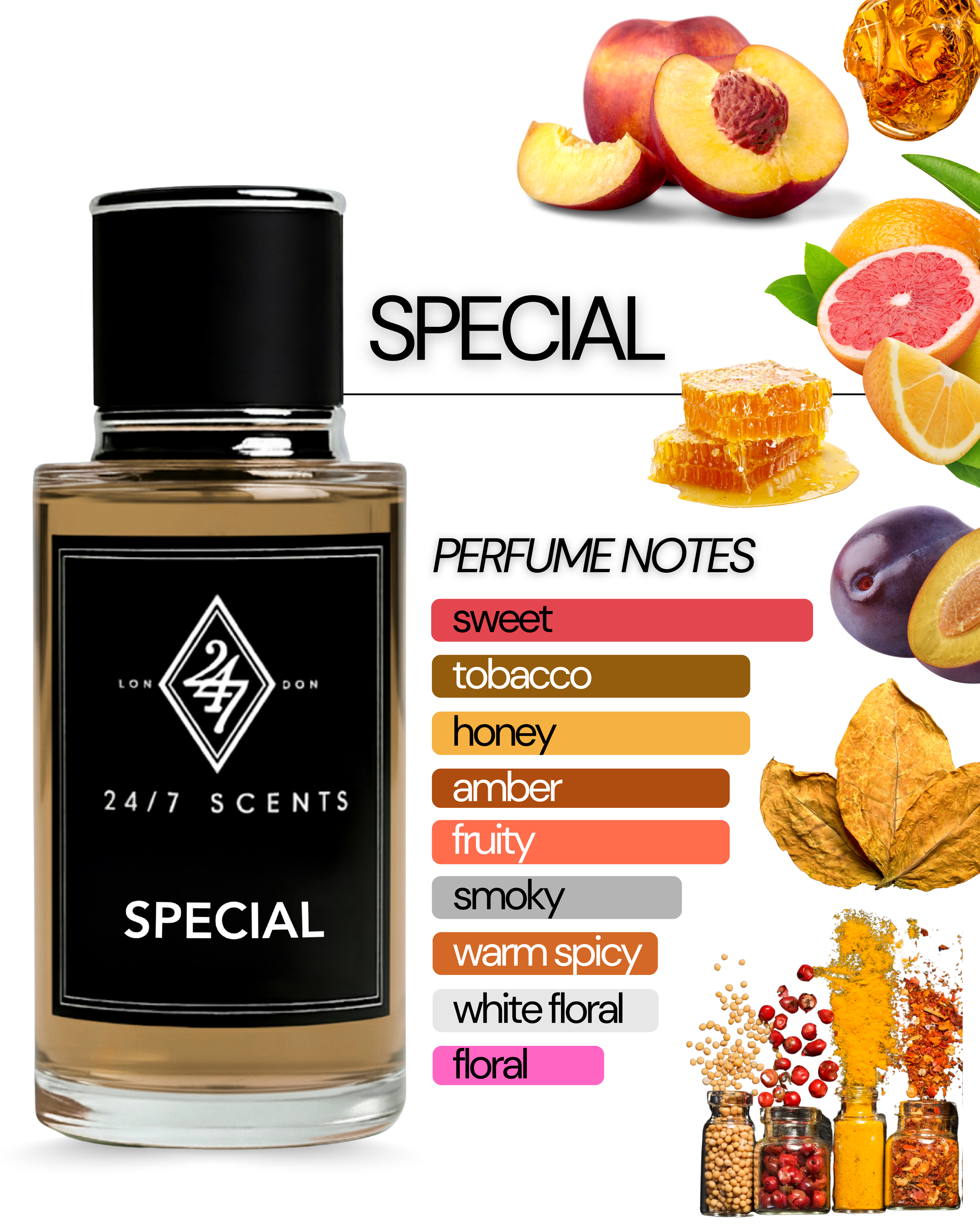 Special Eau de Parfum (50ml). A bold oriental fragrance with plum, honey, tobacco, and amber. Luxurious, smoky, and long-lasting.