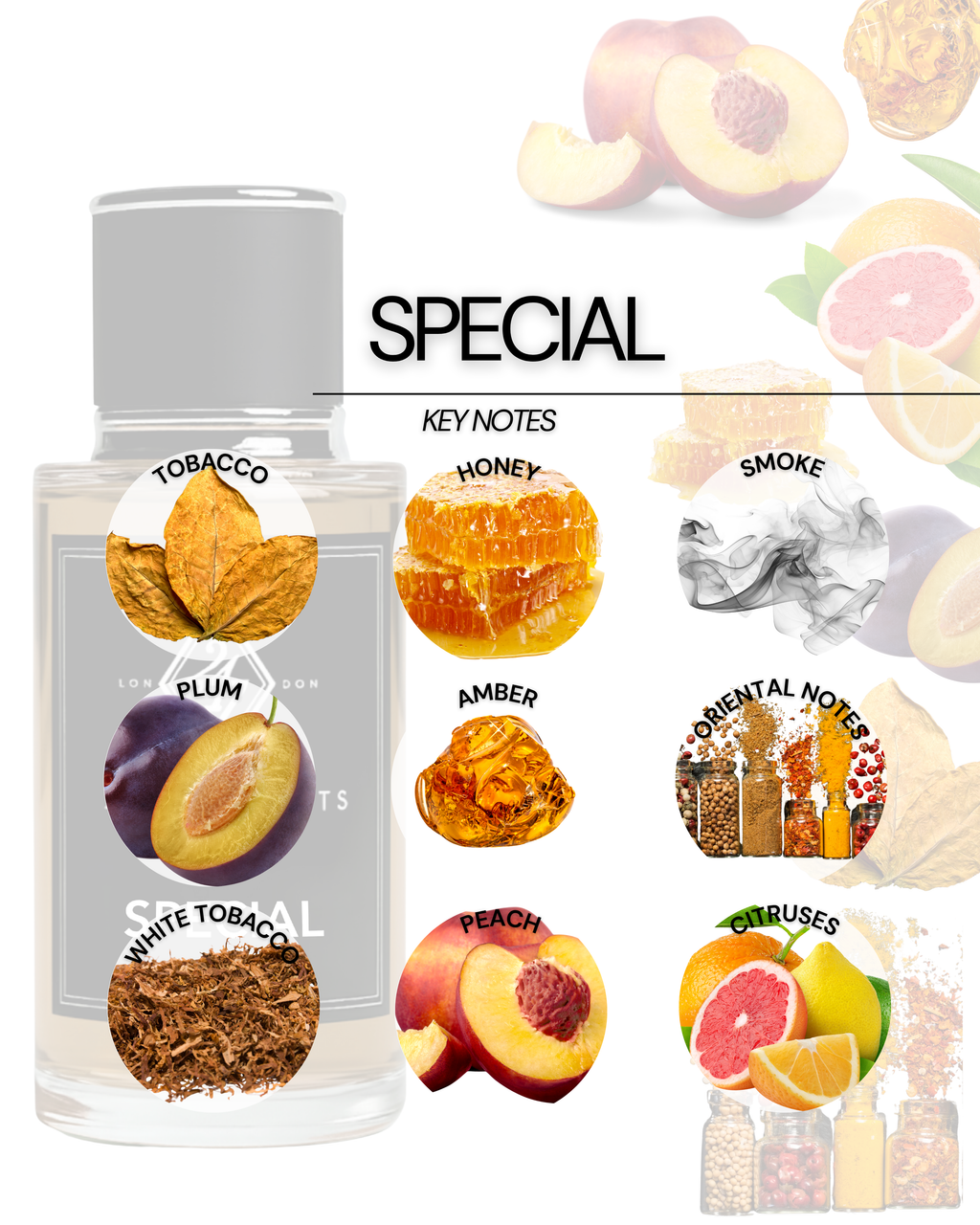 Special Eau de Parfum (50ml). A bold oriental fragrance with plum, honey, tobacco, and amber. Luxurious, smoky, and long-lasting.