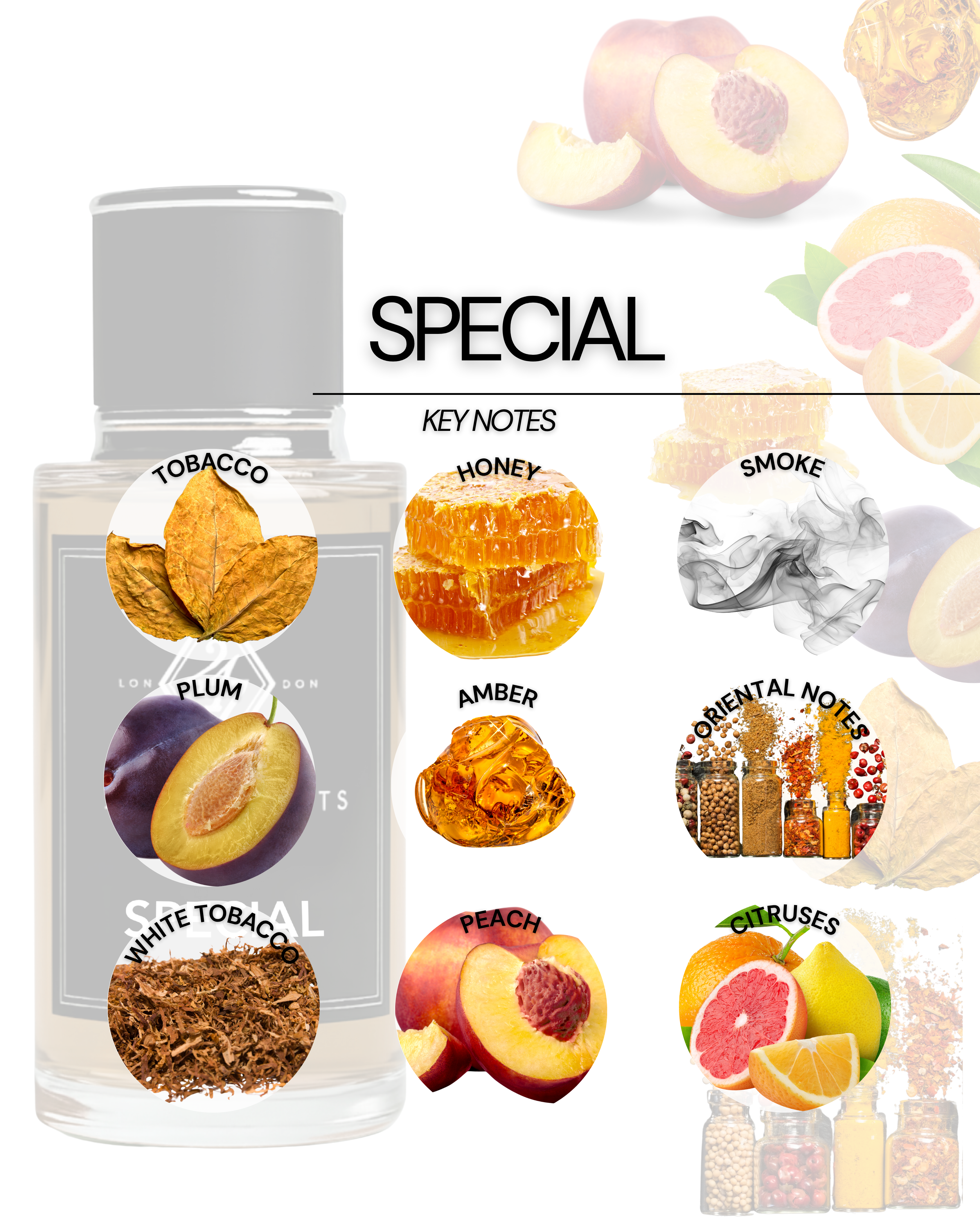 Special Eau de Parfum (50ml). A bold oriental fragrance with plum, honey, tobacco, and amber. Luxurious, smoky, and long-lasting.