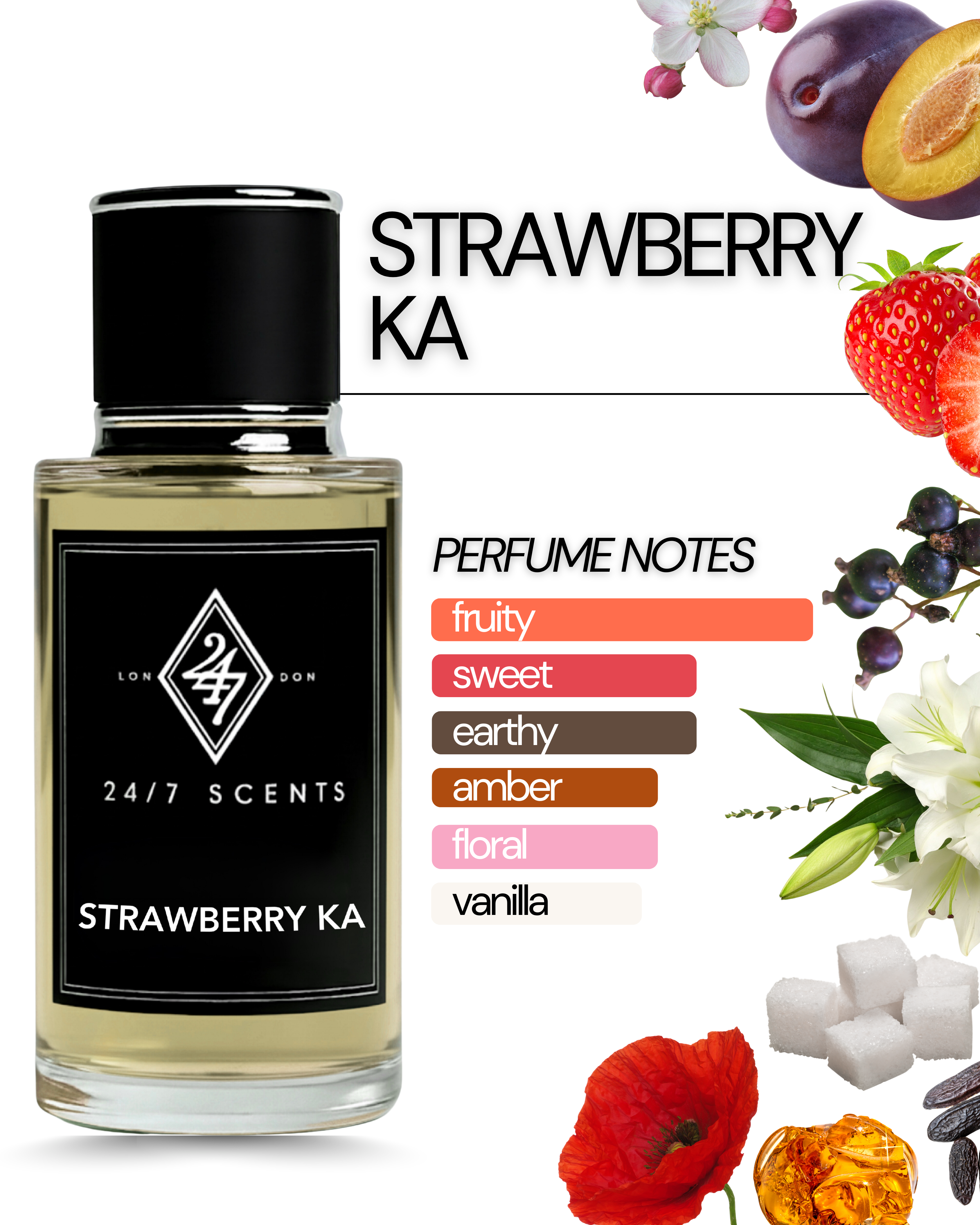 Strawberry Ka Eau de Parfum (50ml). A fruity-floral fragrance with strawberry, apple blossom, amber, and tonka bean. Playful, elegant, and long-lasting.